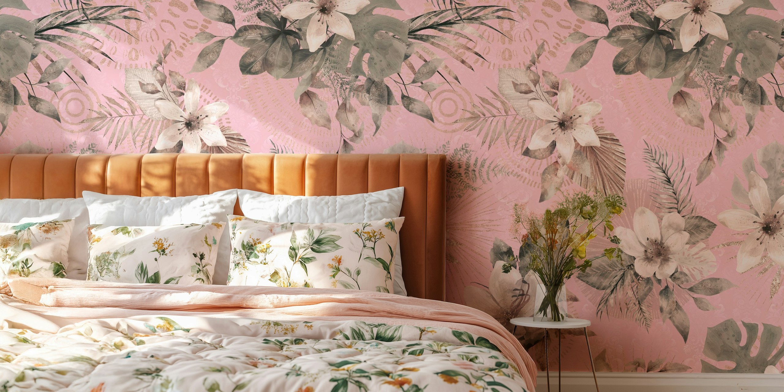 Boho floral pattern with pink background and greenery wallpaper