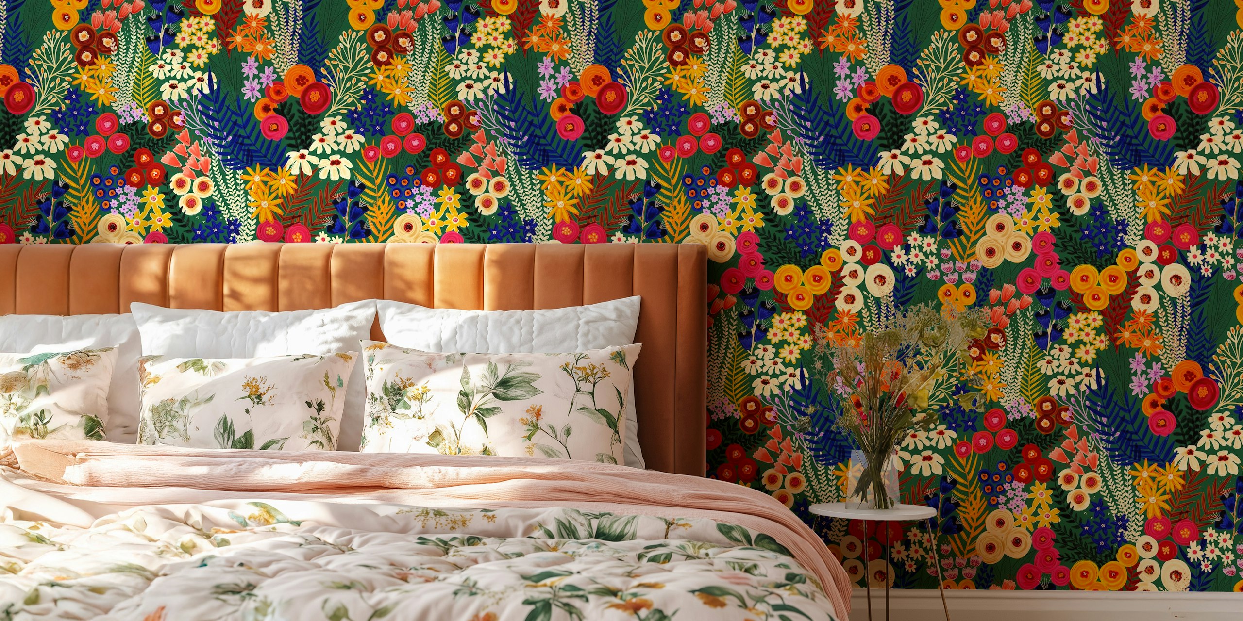 Colorful floral pattern with various flowers and leaves wallpaper