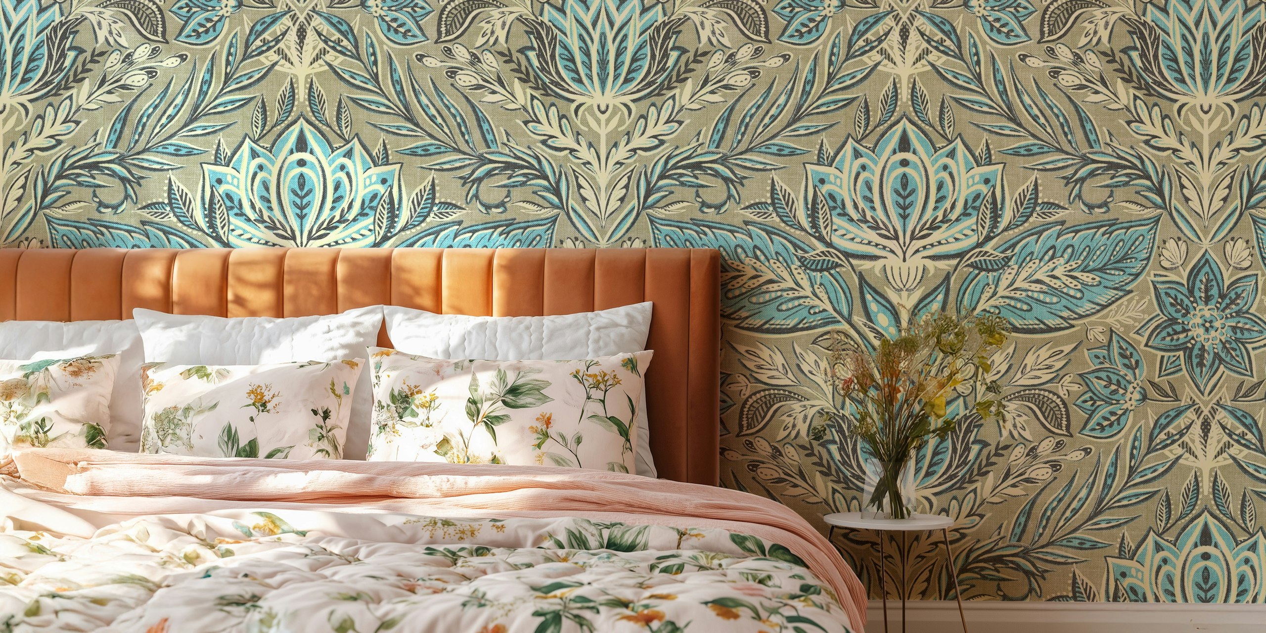 Botanisk damast tapet i nyanser av fawn, grädde och aqua med invecklade växtdesigner
