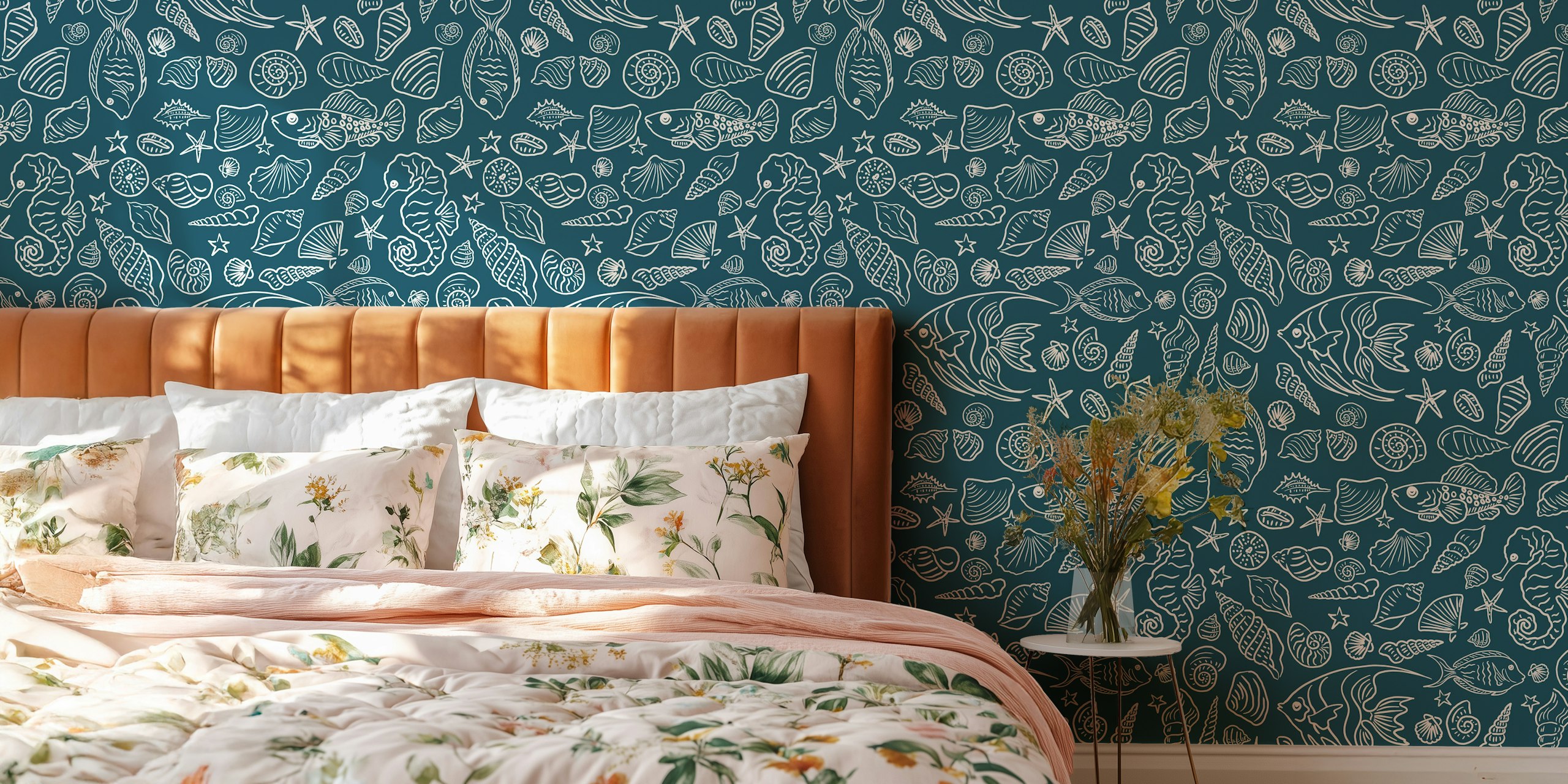 Teal and white underwater hand-made doodles wallpaper with fish, shells, and starfish
