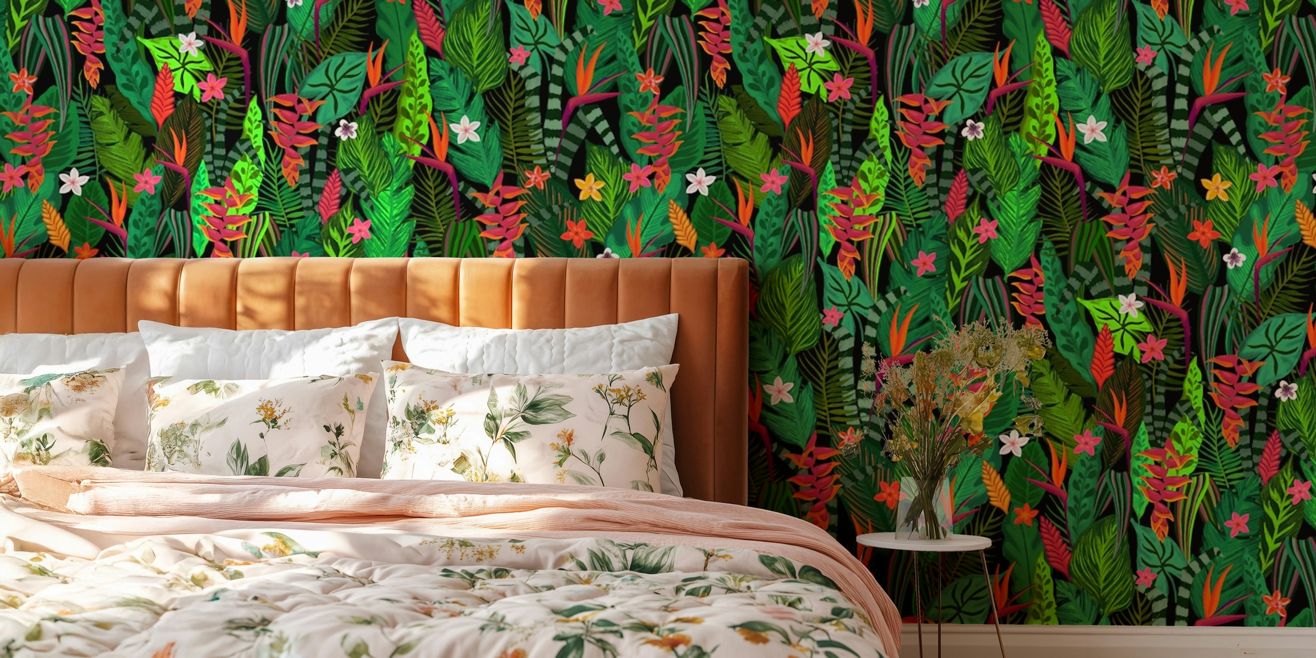 Vibrant tropical leaves and flowers in green wallpaper