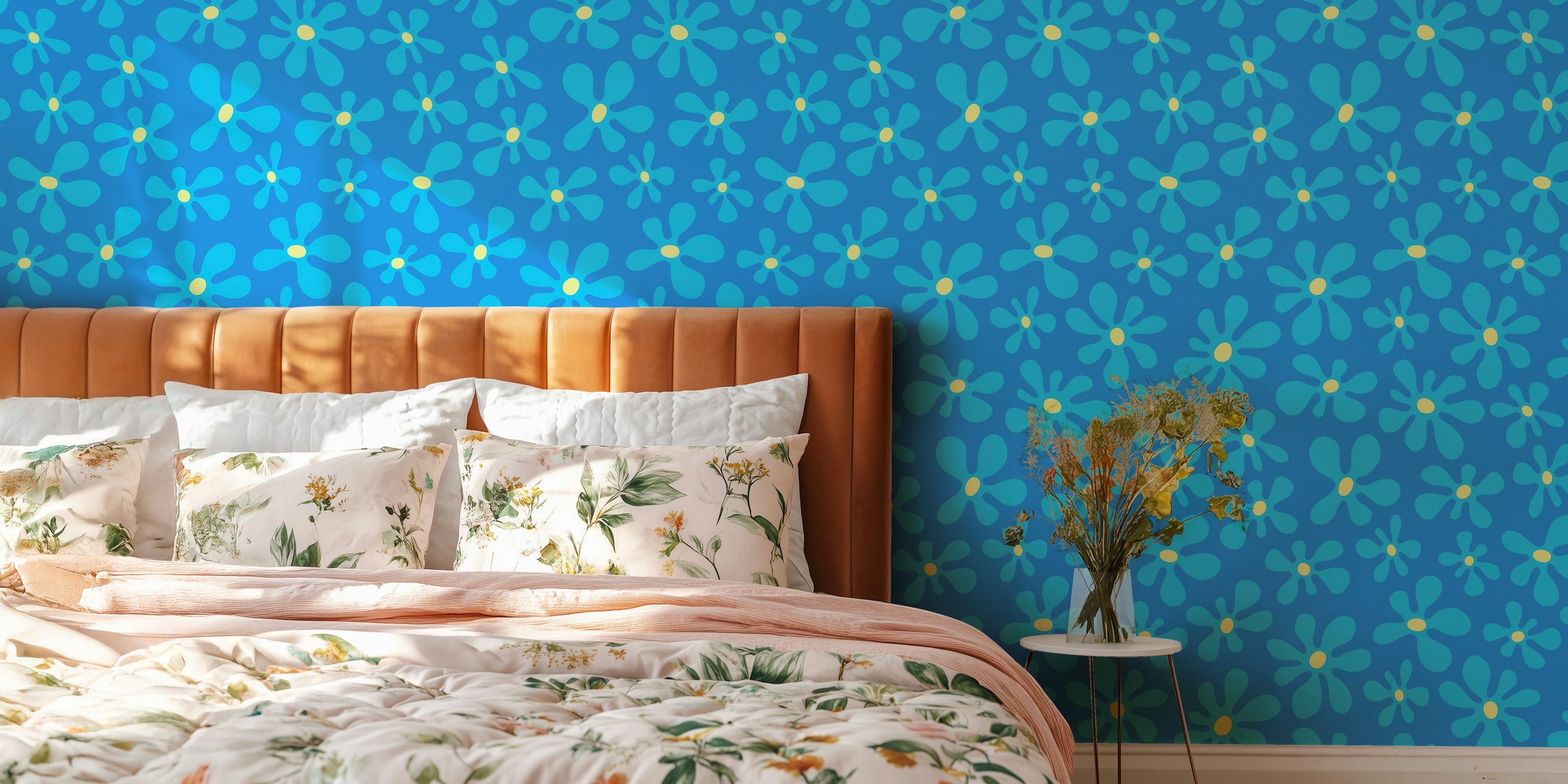 Bright blue background with playful floral designs in yellow and turquoise wallpaper