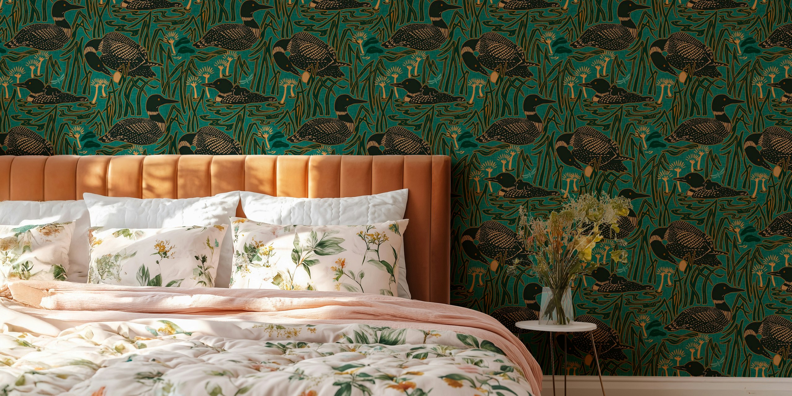 Zelená teal tapeta featuring loons on the lake