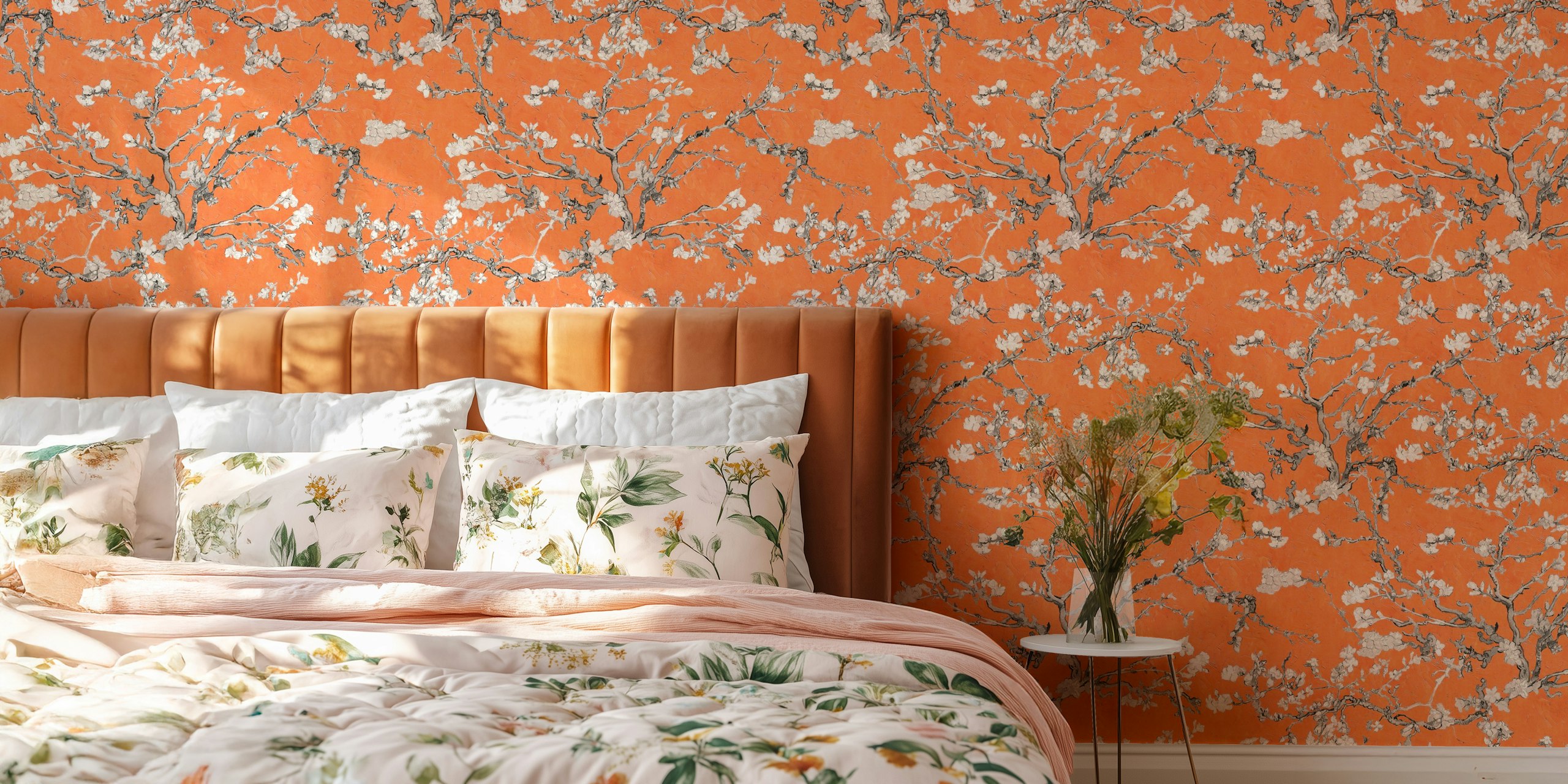 Orange and grey floral branches wallpaper