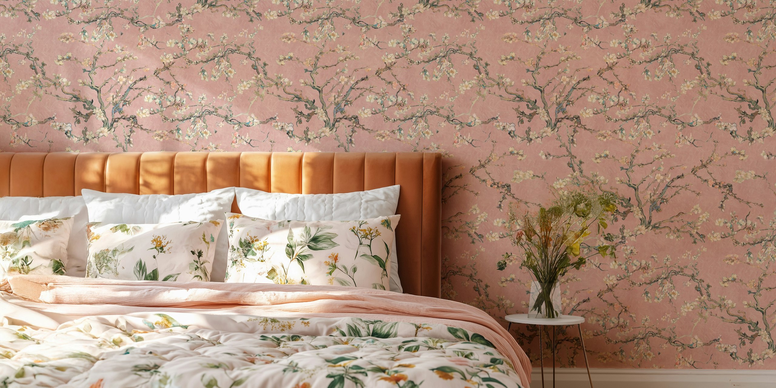 Van Gogh Almond Blossom blush pink wallpaper in a room