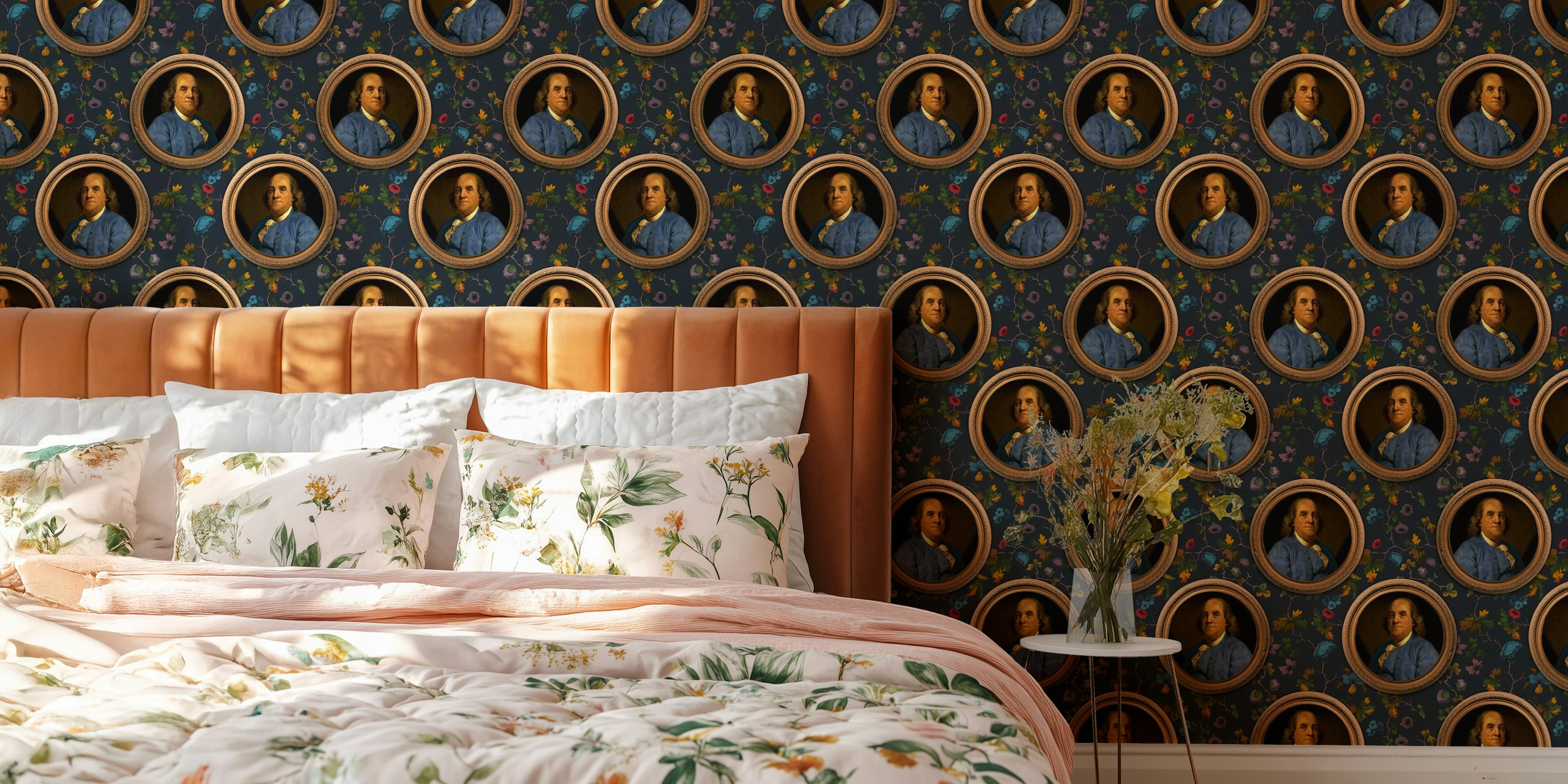 Vintage portraits of Benjamin Franklin surrounded by colorful floral patterns wallpaper