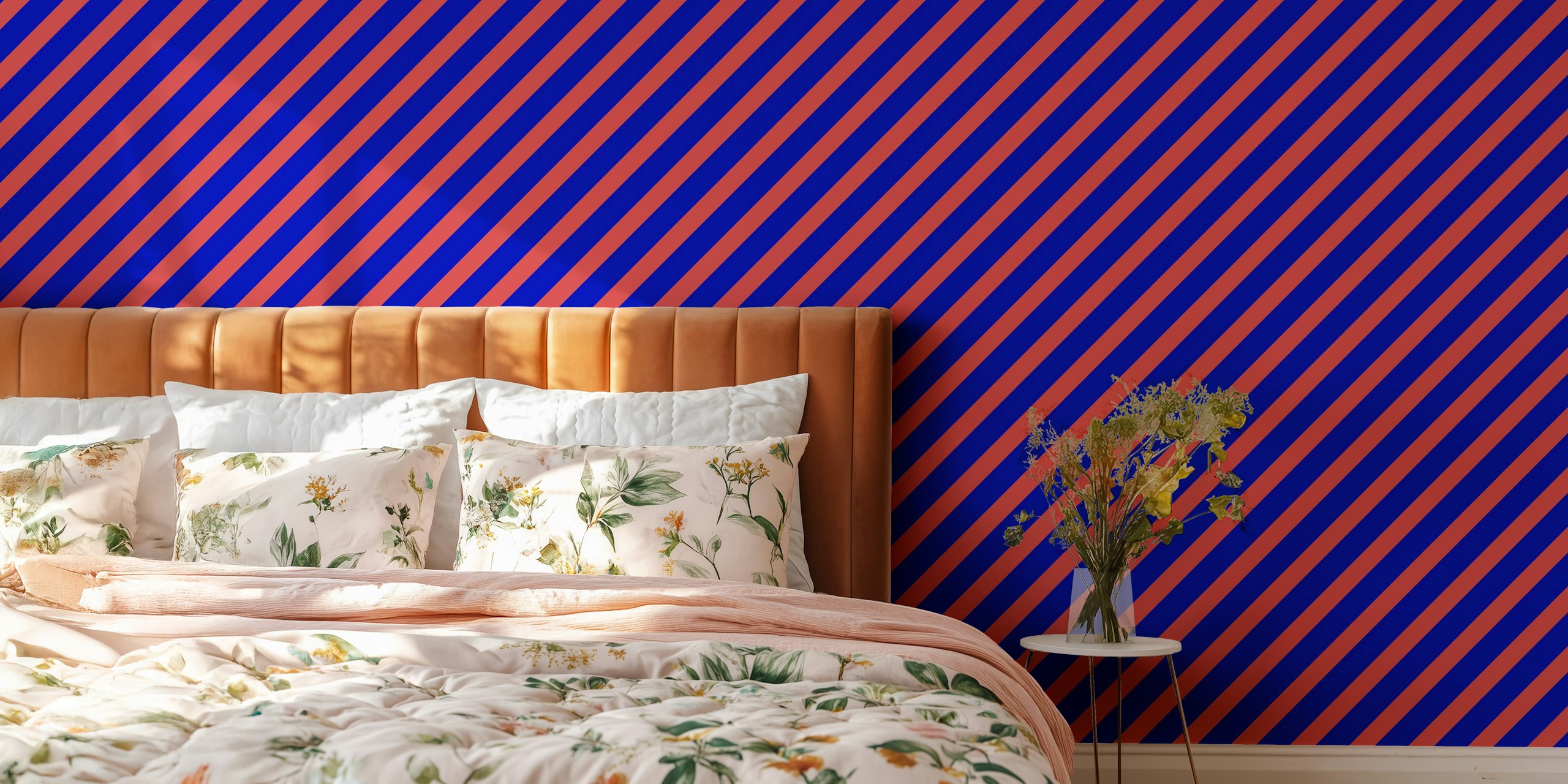 Cool blue and red diagonal striped wallpaper