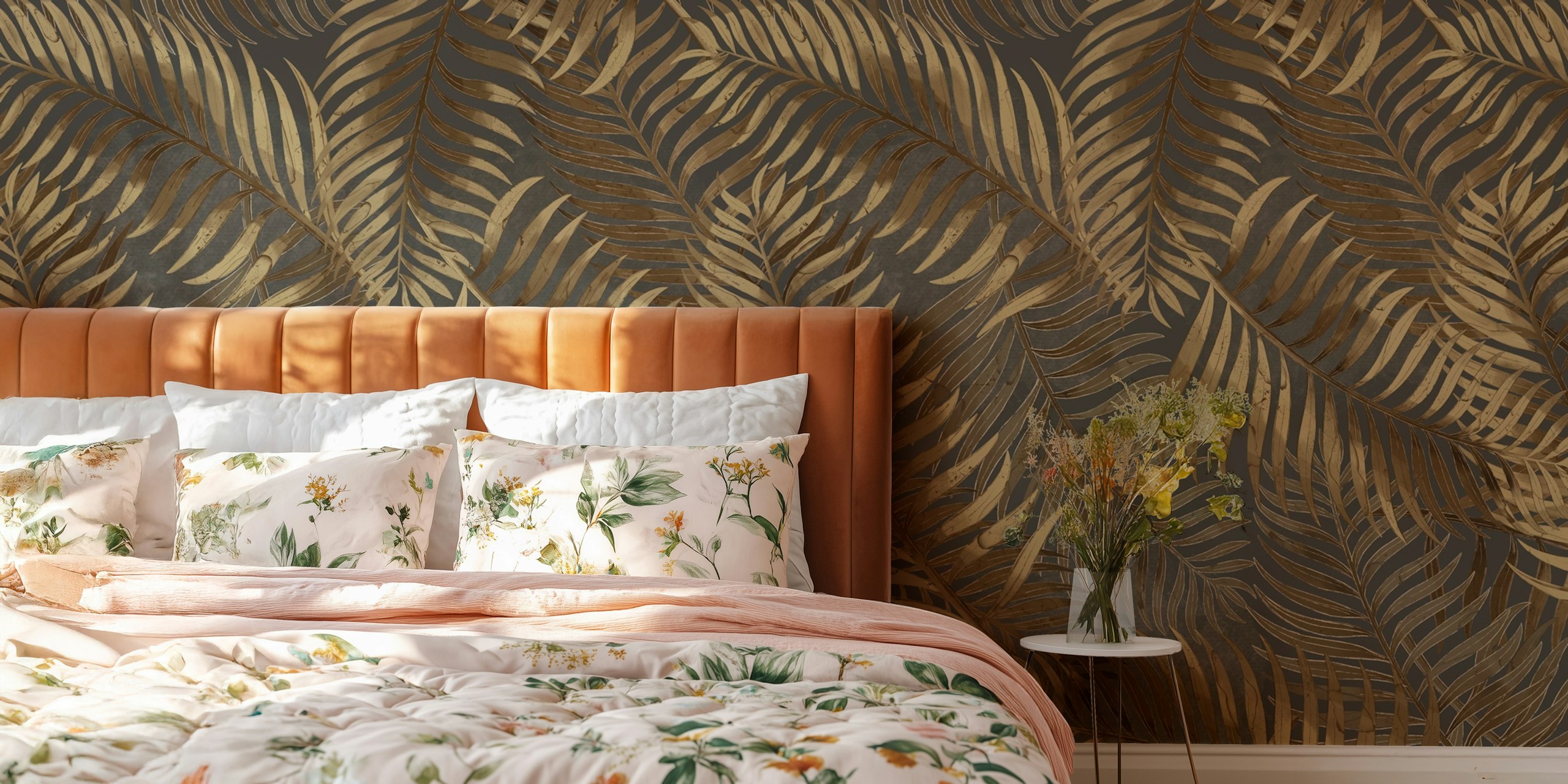 Golden palm leaves wallpaper in a room