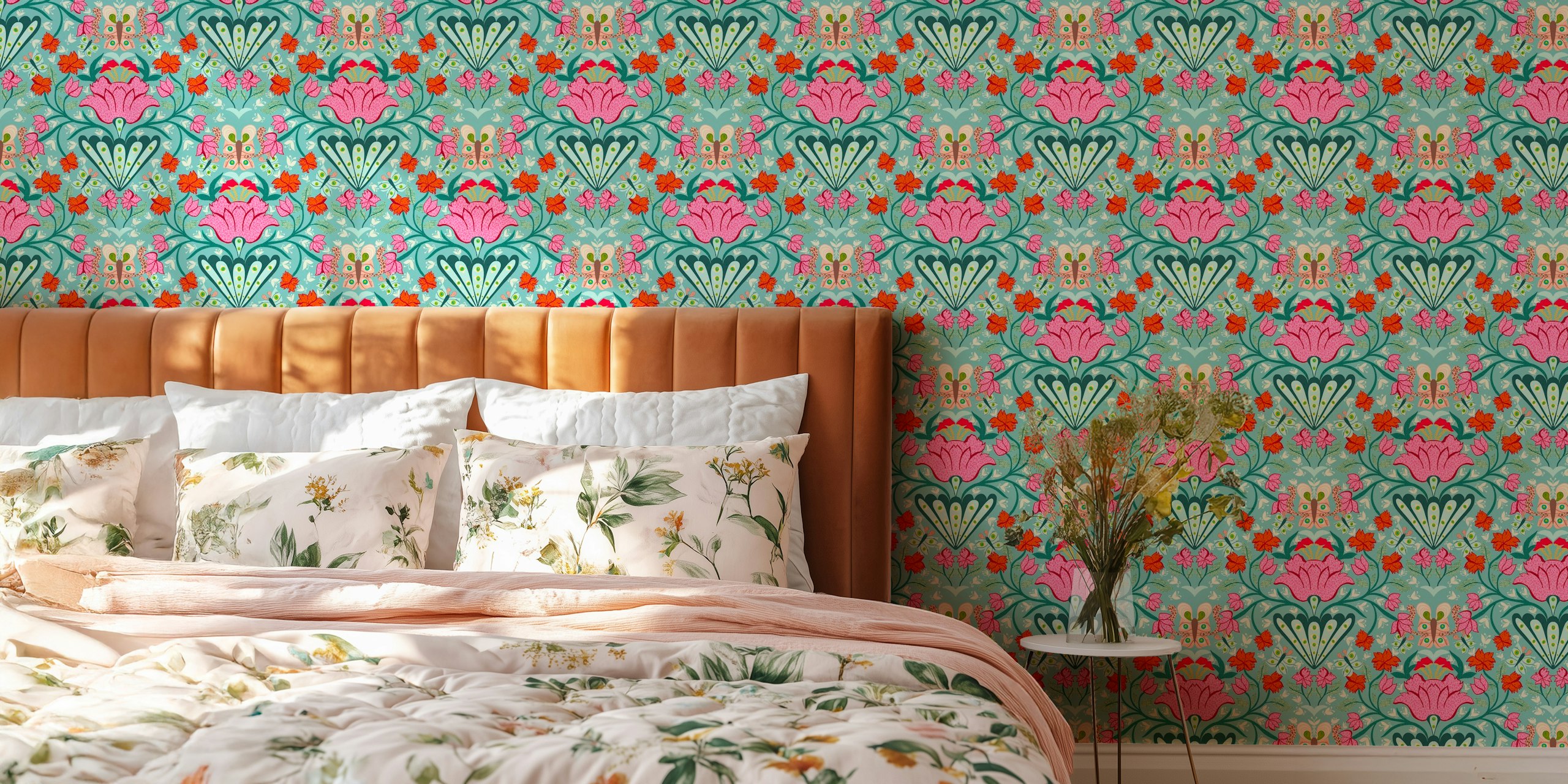 Surreal botanical garden wallpaper design