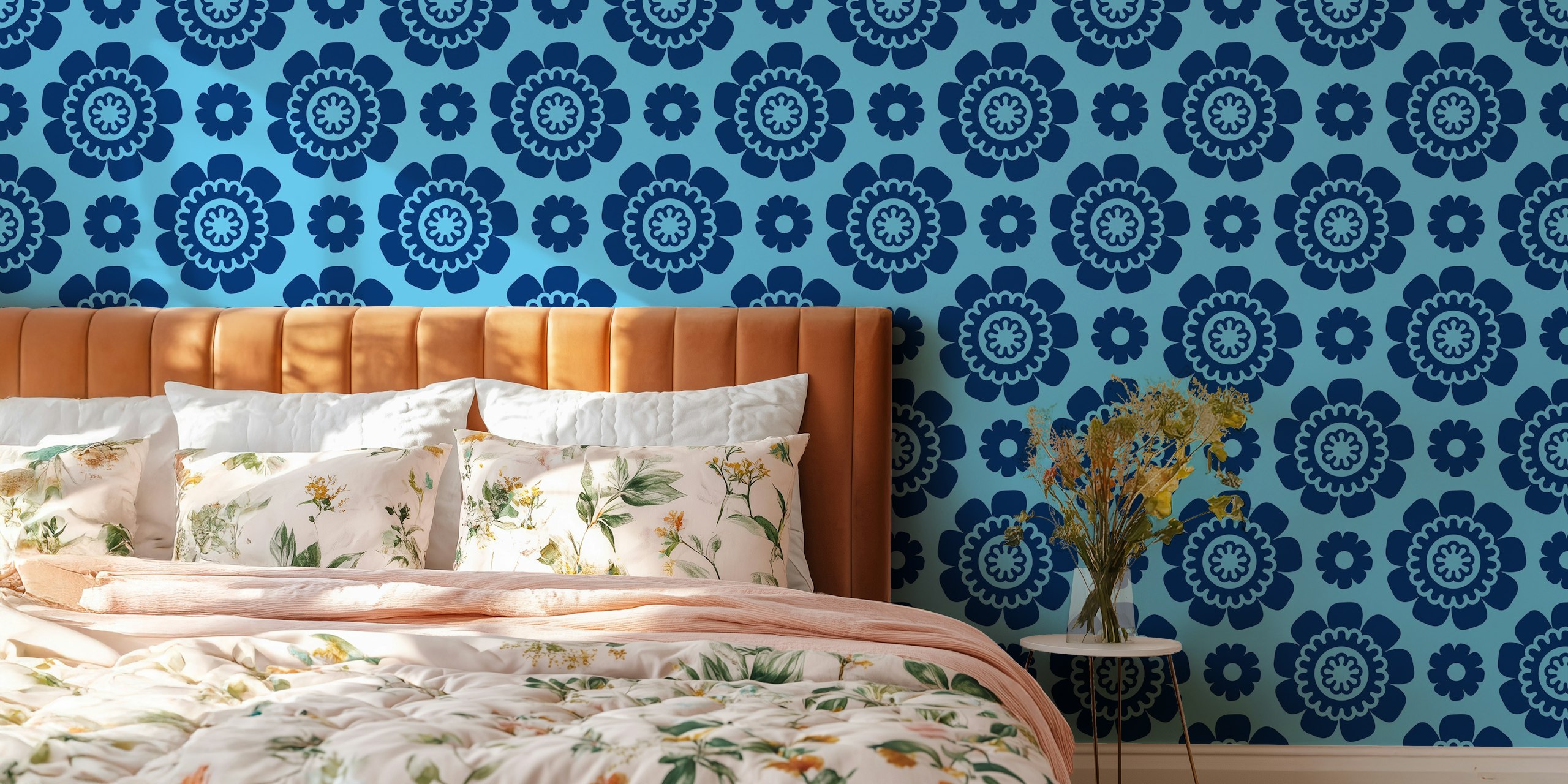 Blue floral daisy pattern wallpaper with bold shapes