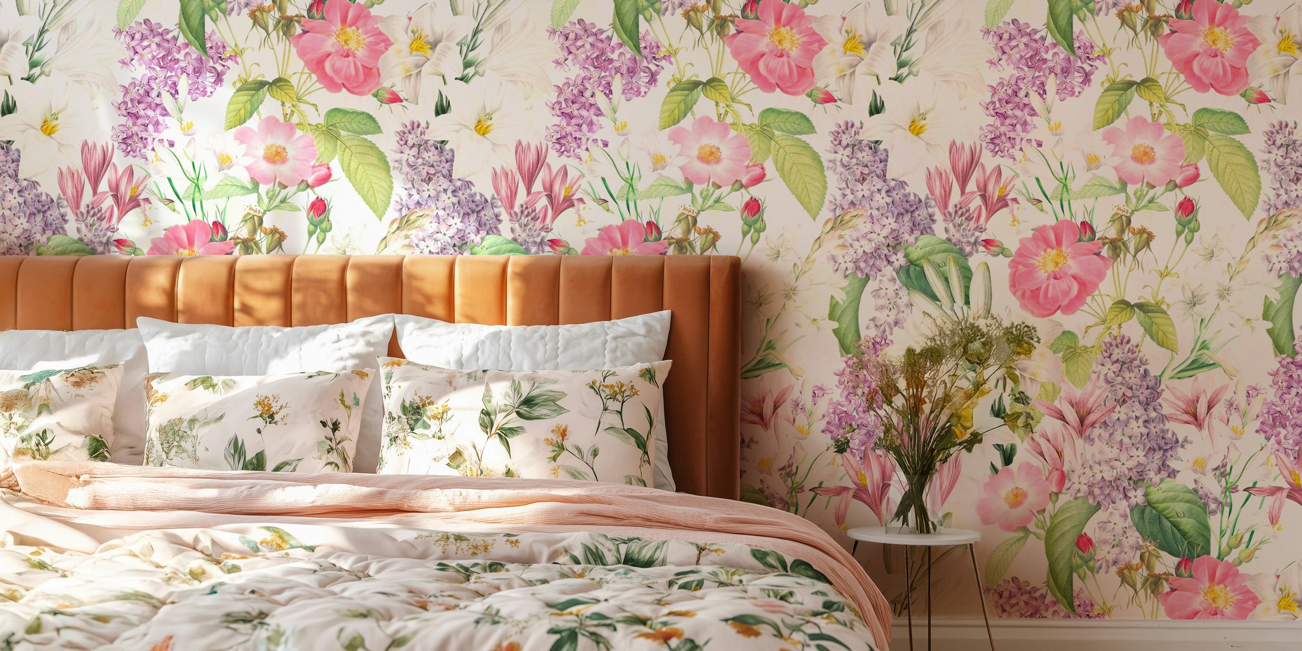 Pink flowers and lilacs on a soft background wallpaper