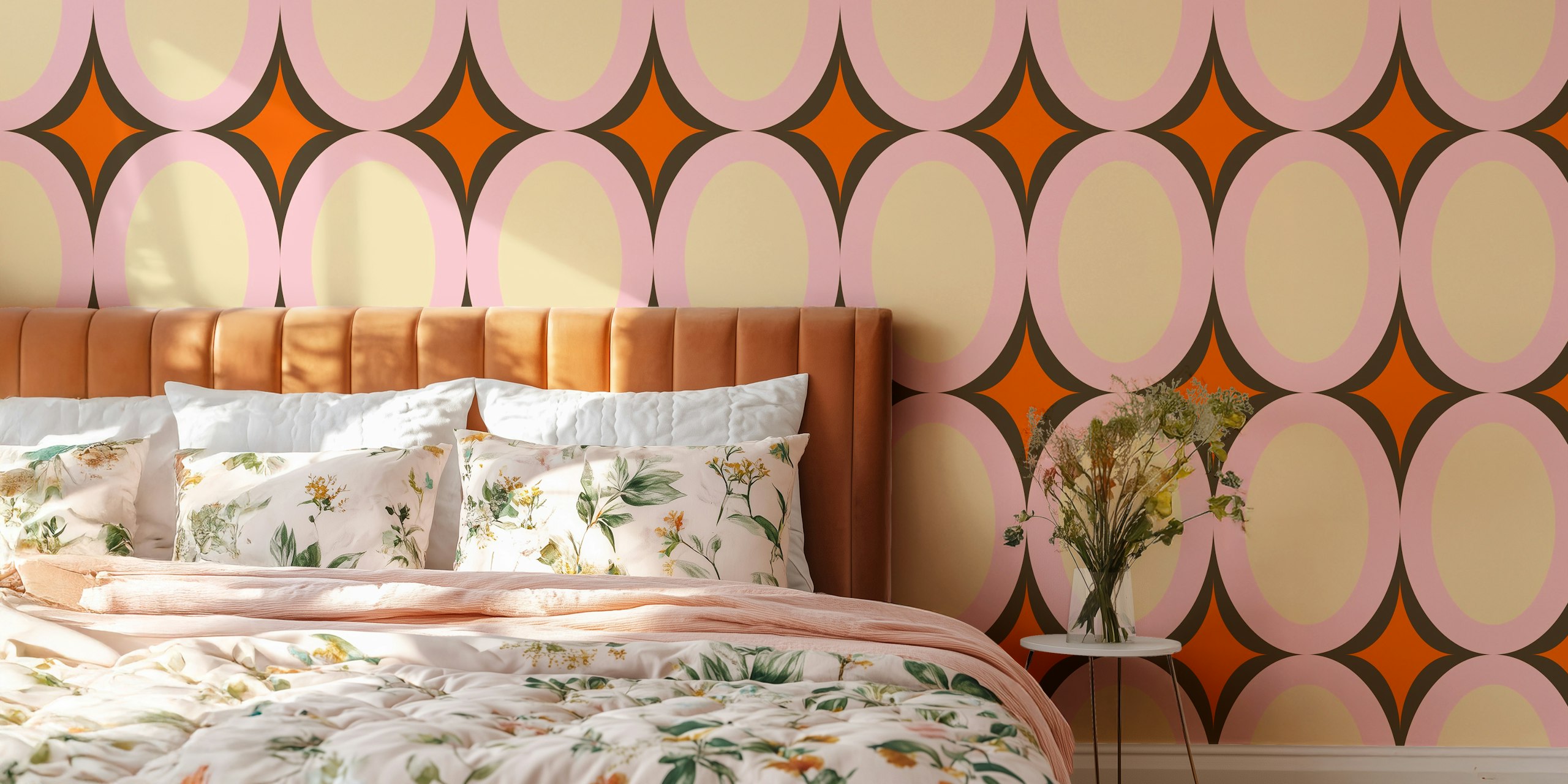 Groovy Starburst Beige Pink wallpaper in a room