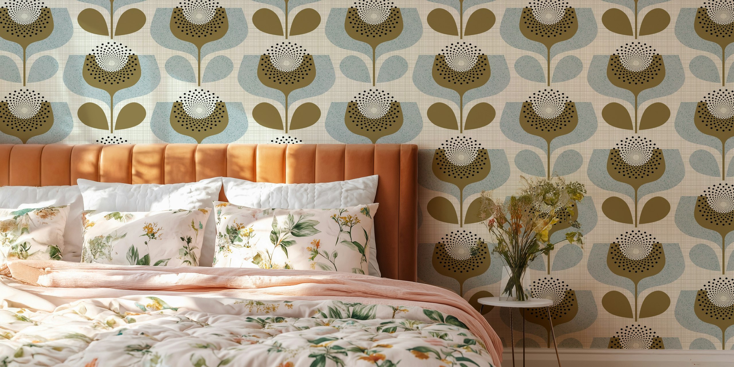 Mid century floral design featuring blue and brown abstract blooms wallpaper