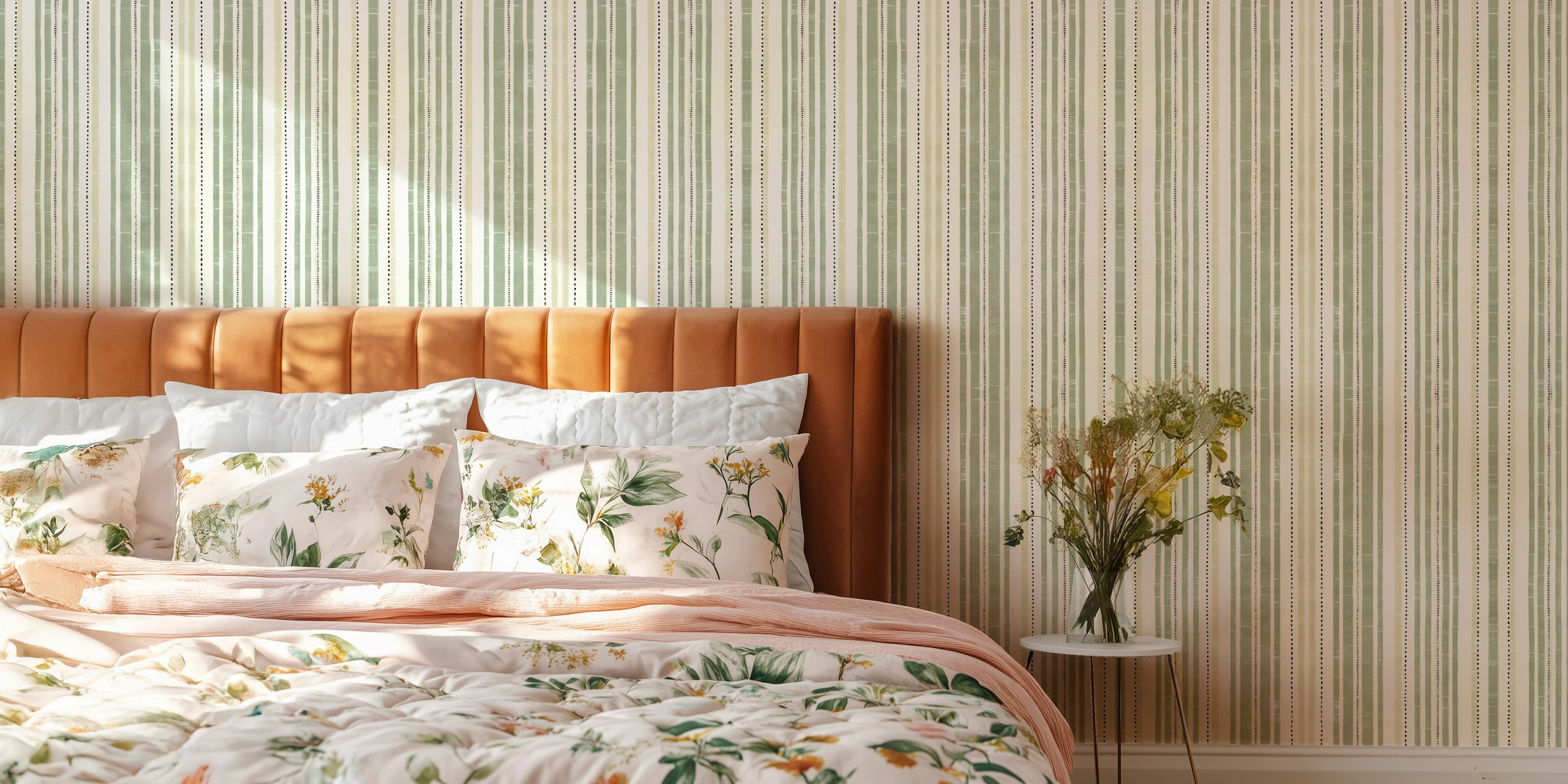 Vertical stripes in sage green and beige on a textured background wallpaper