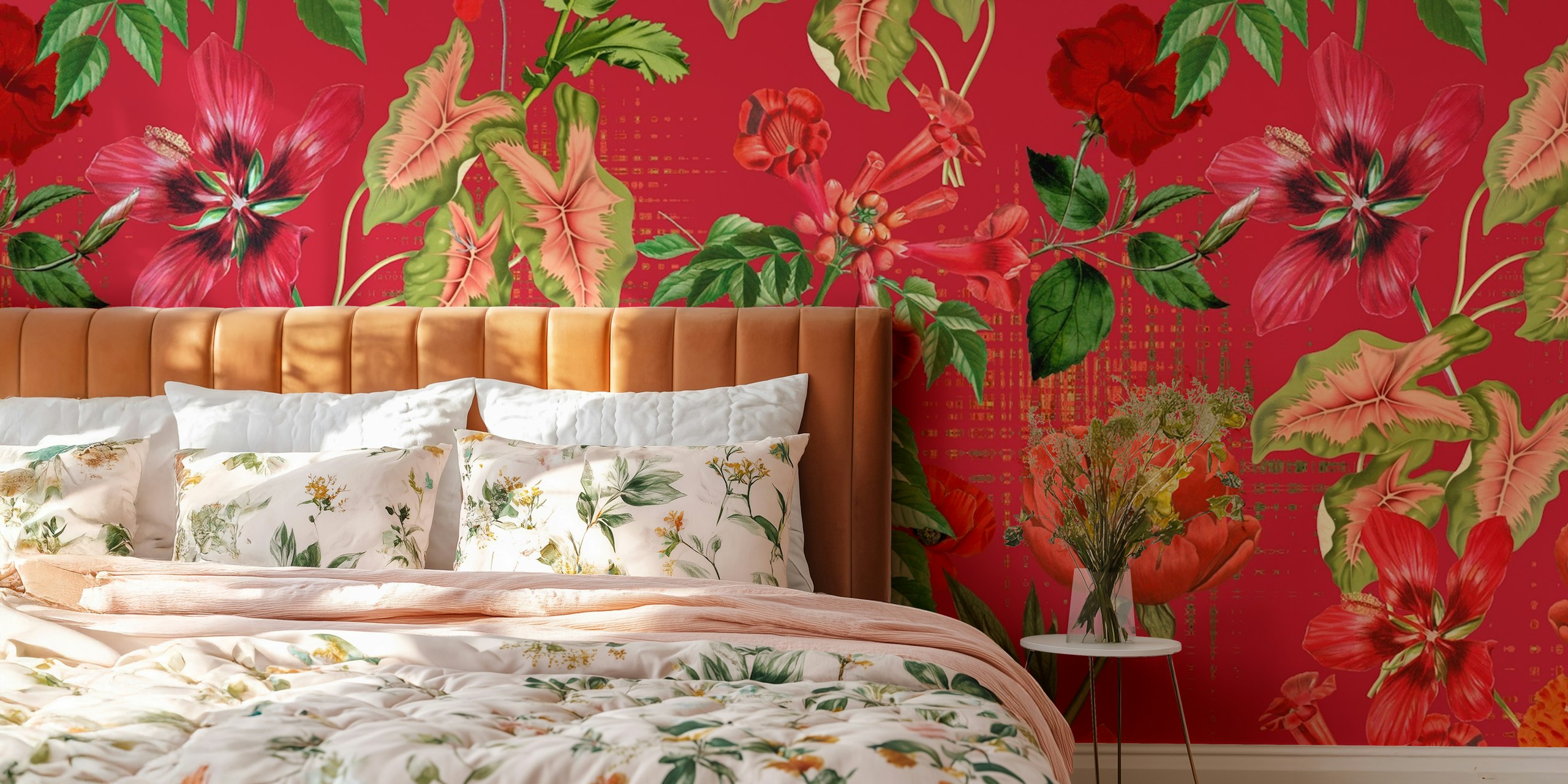 Floral pattern wallpaper with red background and green leaves.