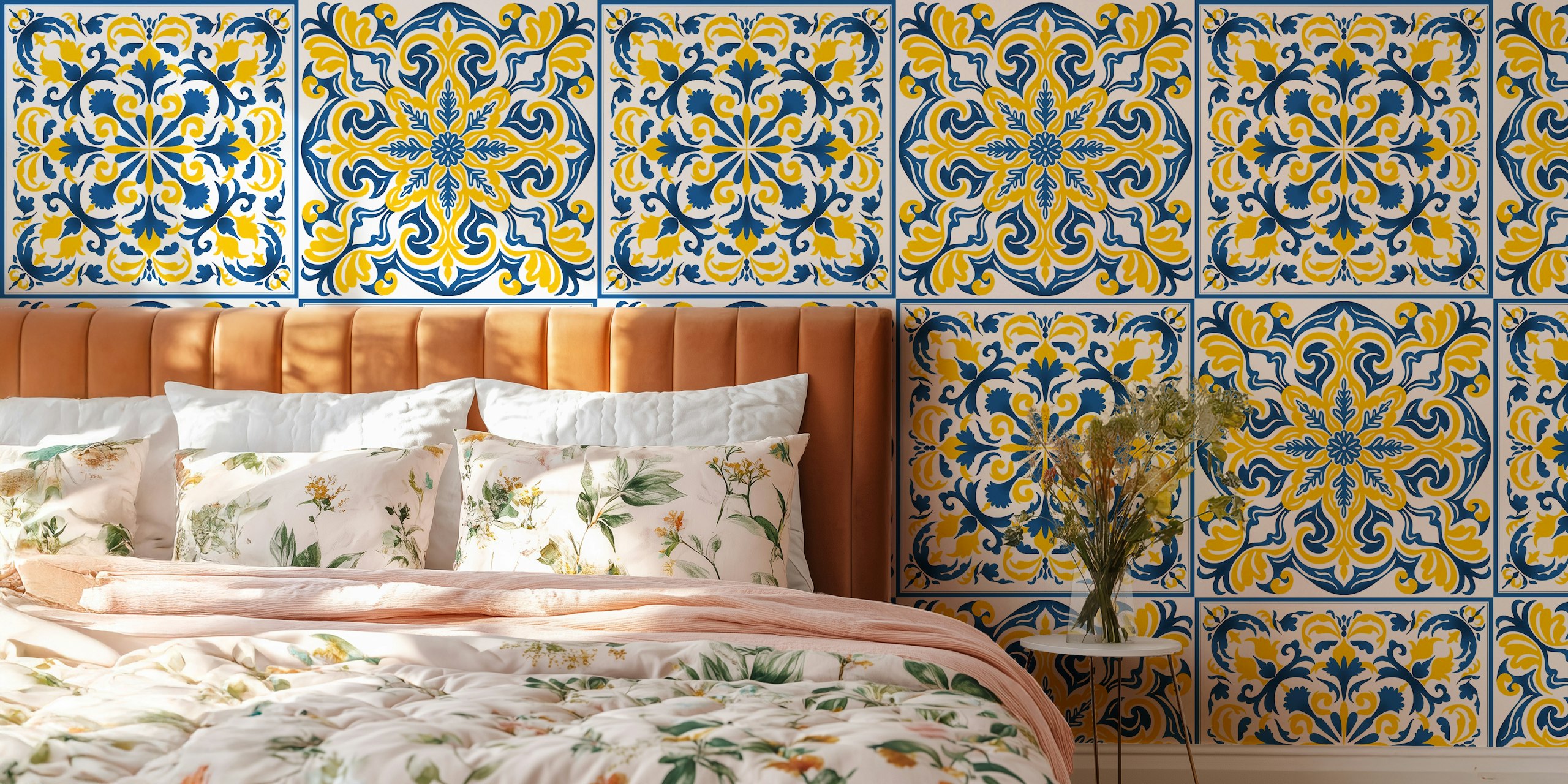 Carta da parati mista con due piastrelle in ceramica 1 con motivi blu e gialli