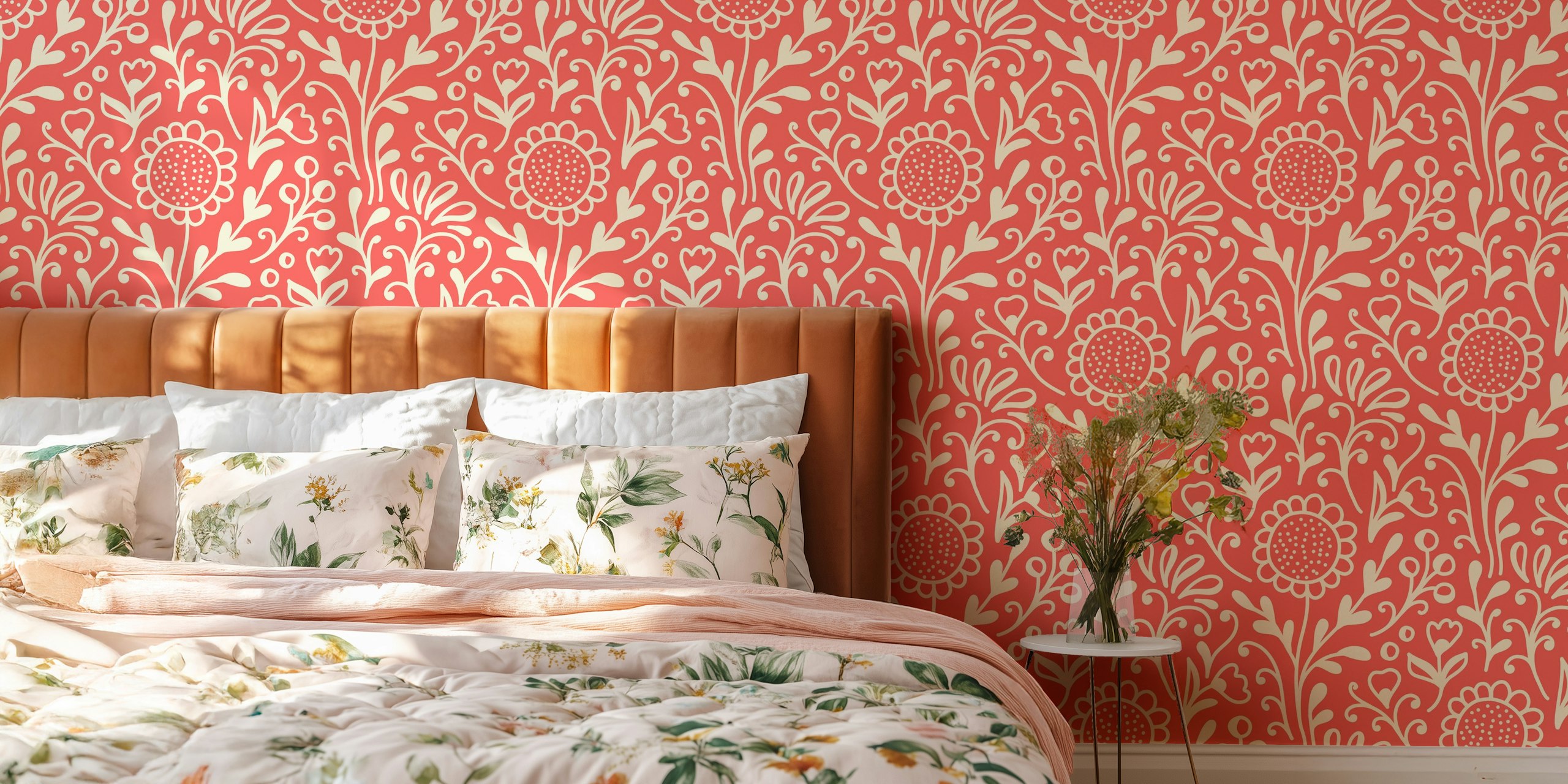 Koraal roze bloemen en takken patroon wandbehang