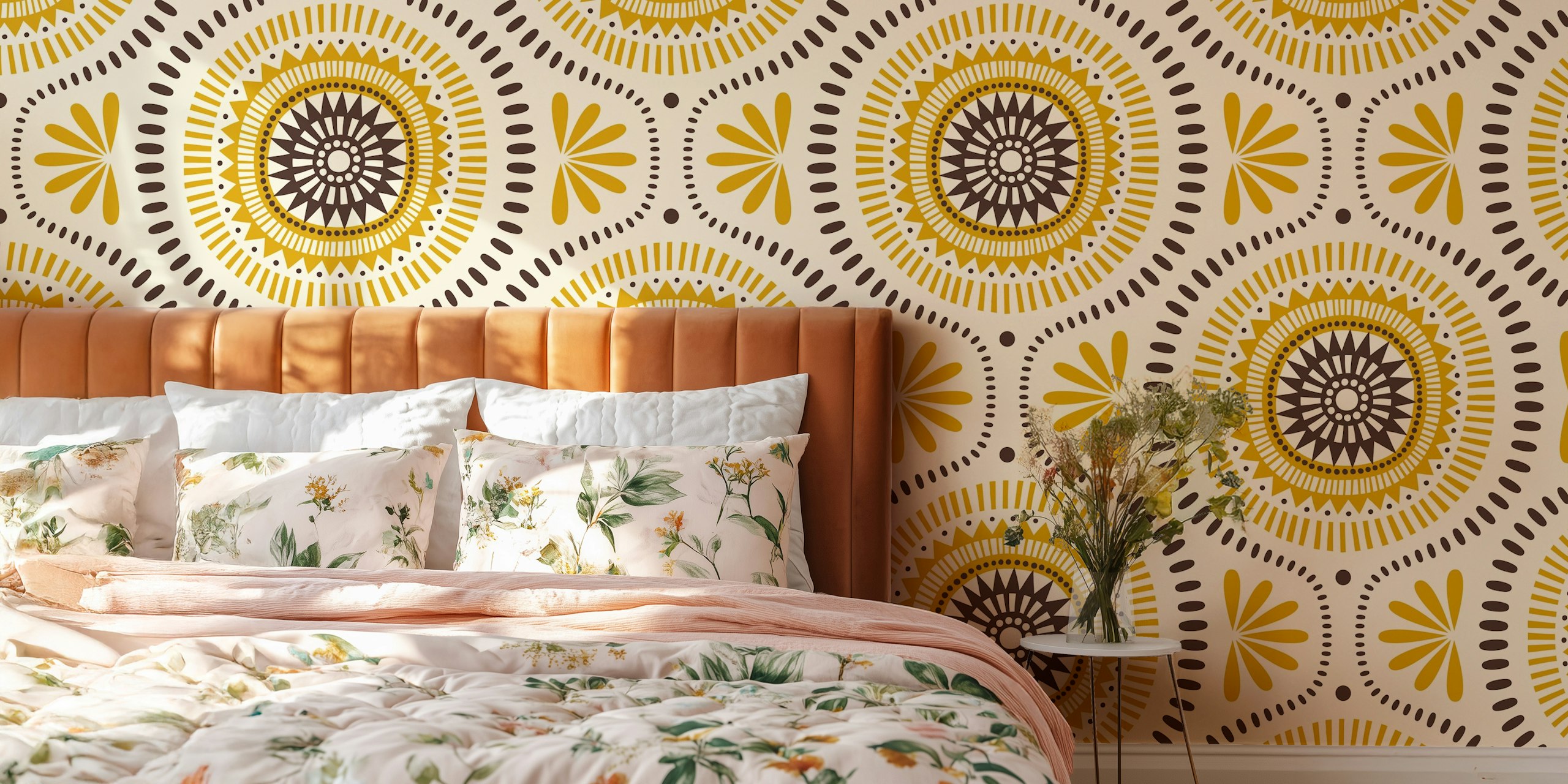 Geometric floral pattern in yellow and brown wallpaper