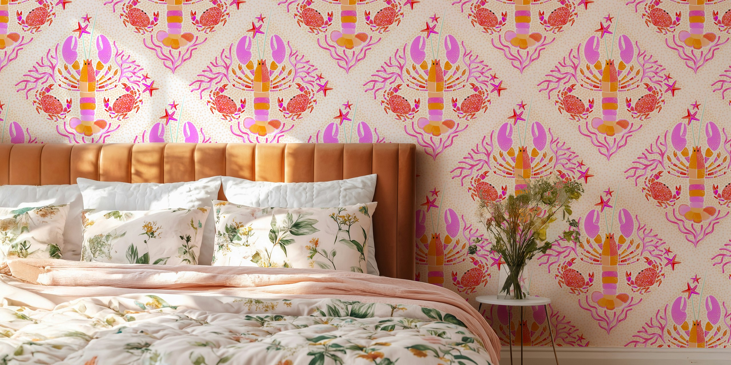 Boho lobsters and crabs wallpaper in a room