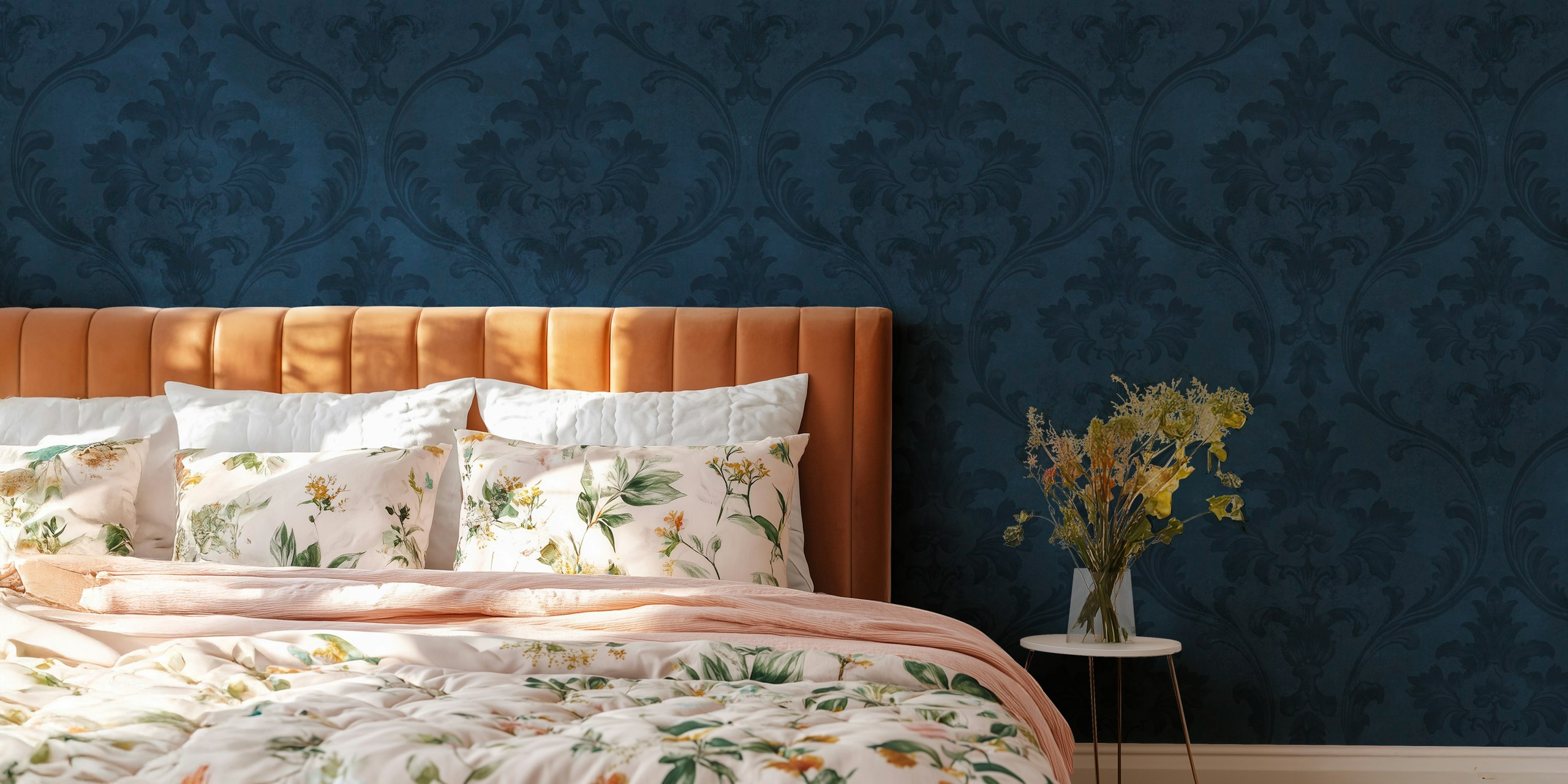 Faded Elegance Regency Damask Navy Blue wallpaper in a room