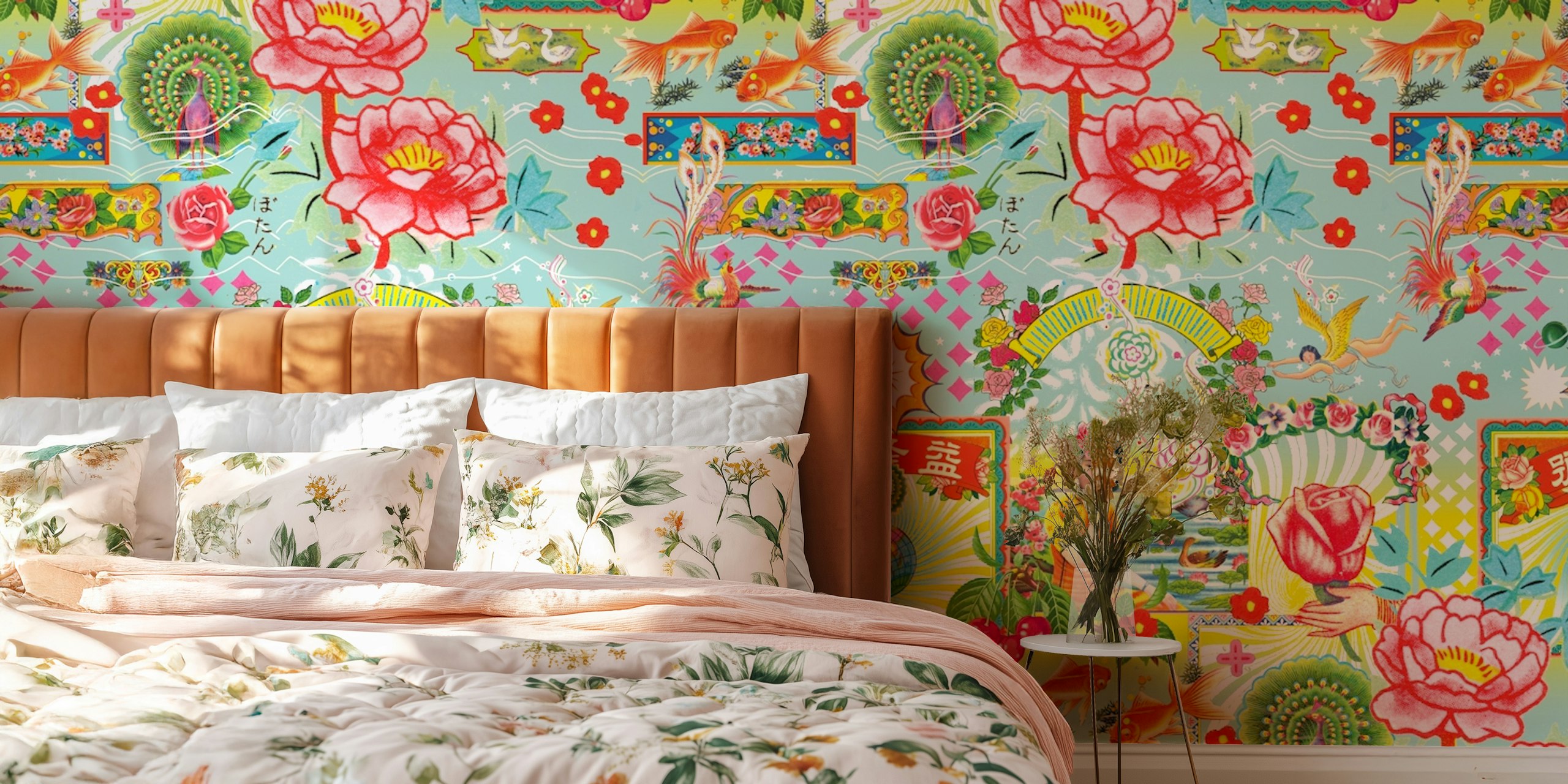 Vintage Asian floral wallpaper featuring colorful flowers and patterns