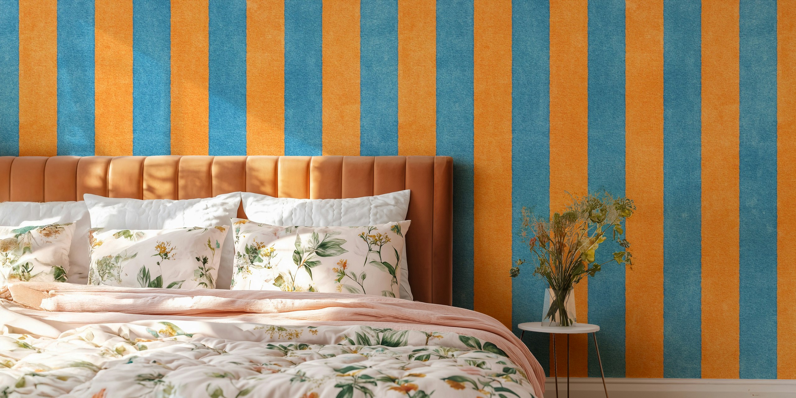 Papel De Parede Azul E Laranja Stripes Em Um Quarto