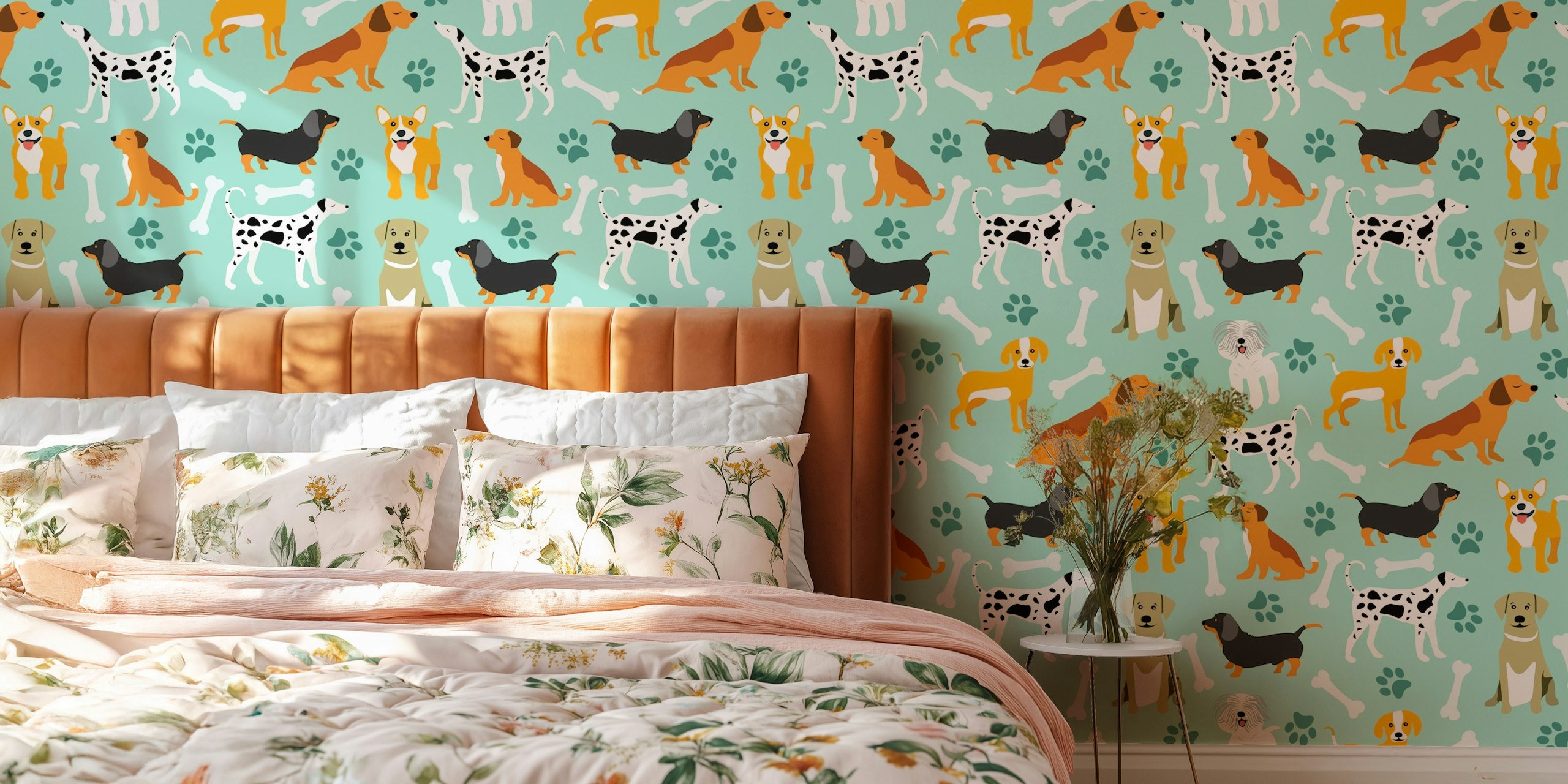Cute dog breeds and bones wallpaper in a room
