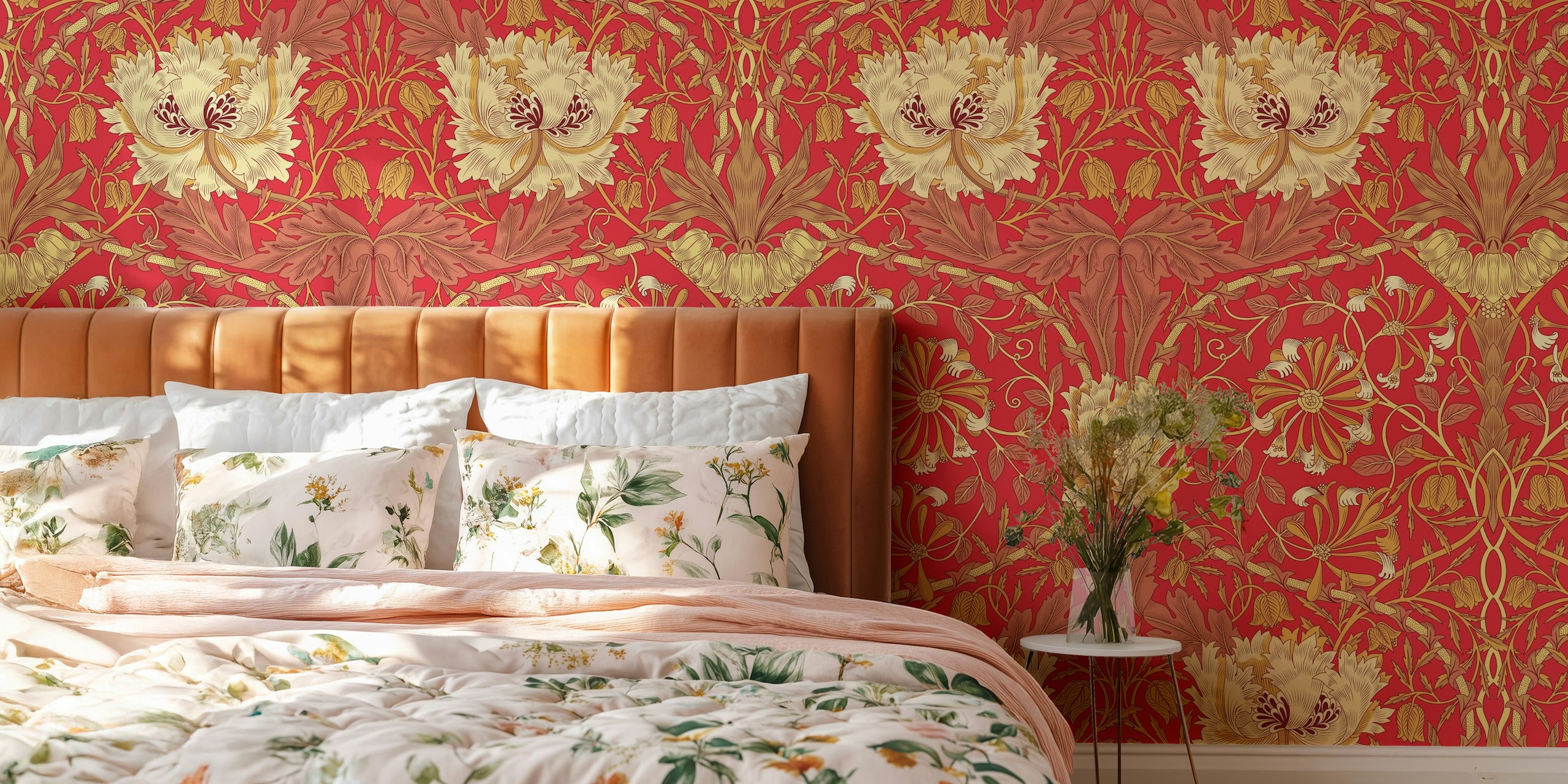 Red and gold floral pattern wallpaper with intricate details
