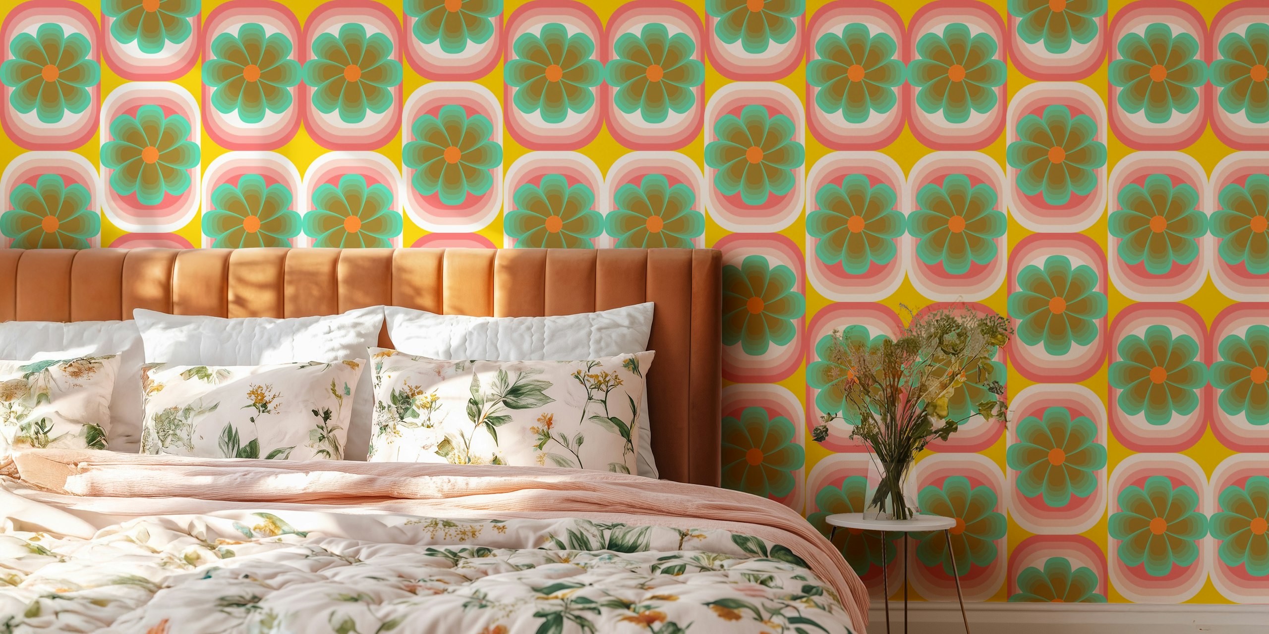 Colorful large flowers in pink, teal, and brown on a yellow background wallpaper