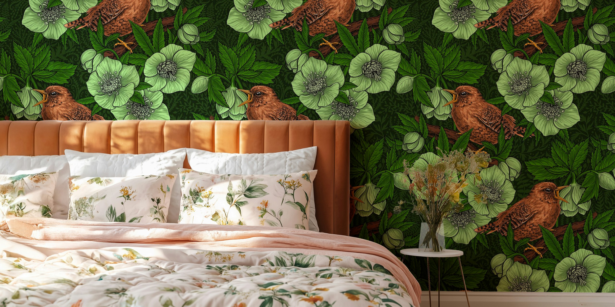 Wren and hellebore papel de parede em um quarto