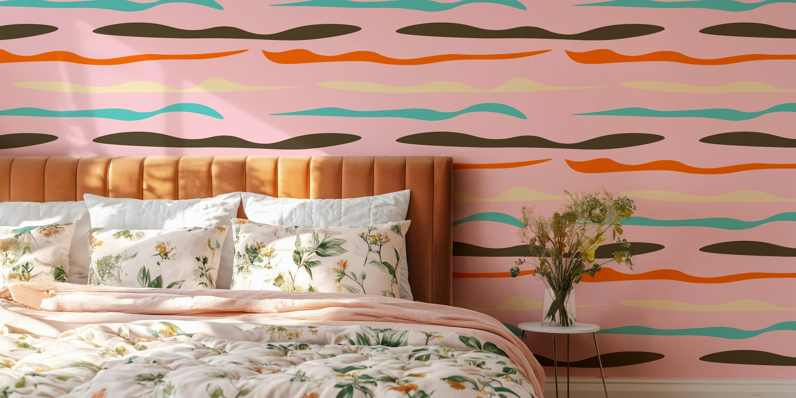 Mid Mod Waves Lines Pink tapetti huoneessa