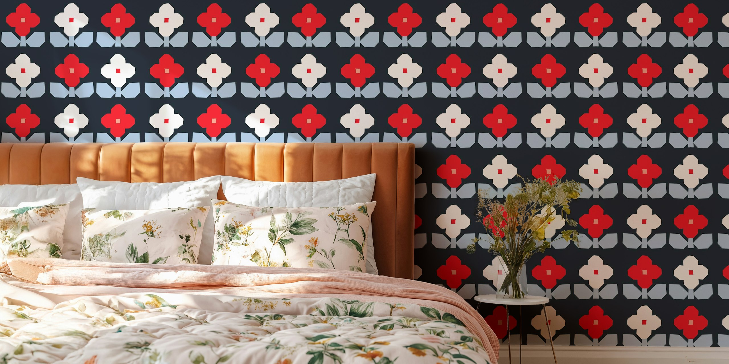 Red and white floral patterns on dark background wallpaper