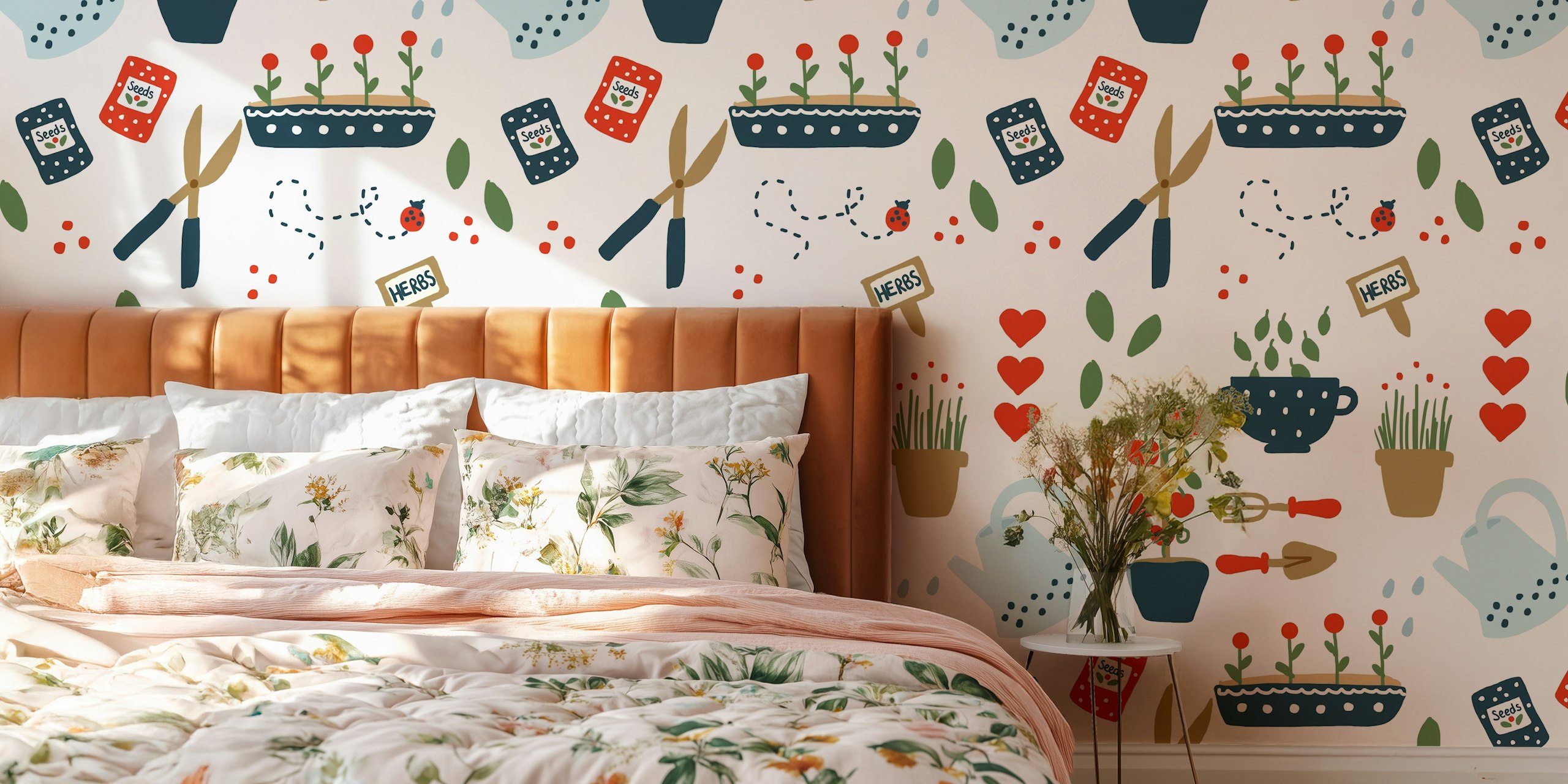 Playful illustration of garden tools, potted herbs, and gardening elements on a wall mural