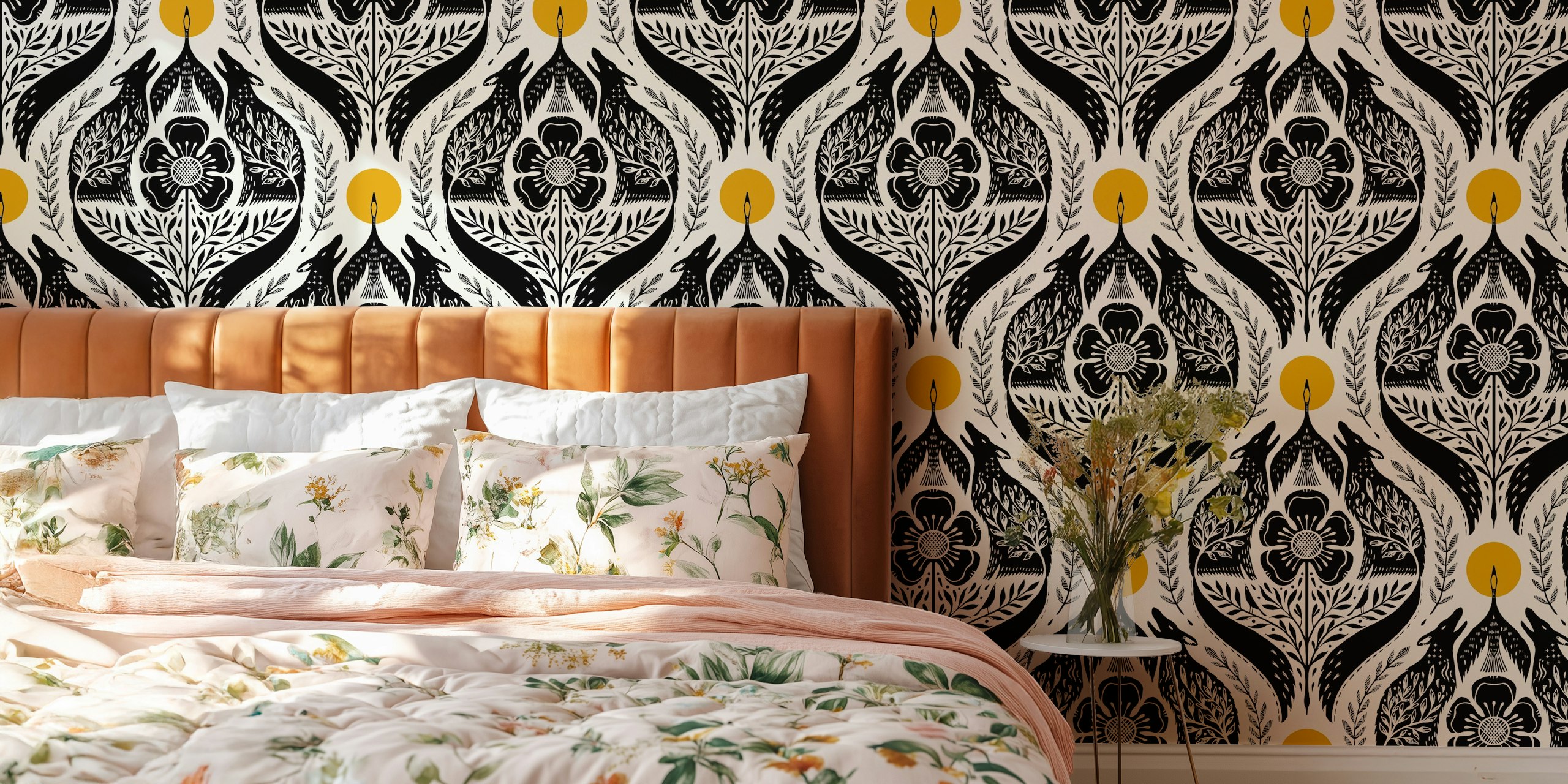 Black and white wolf and floral design wallpaper