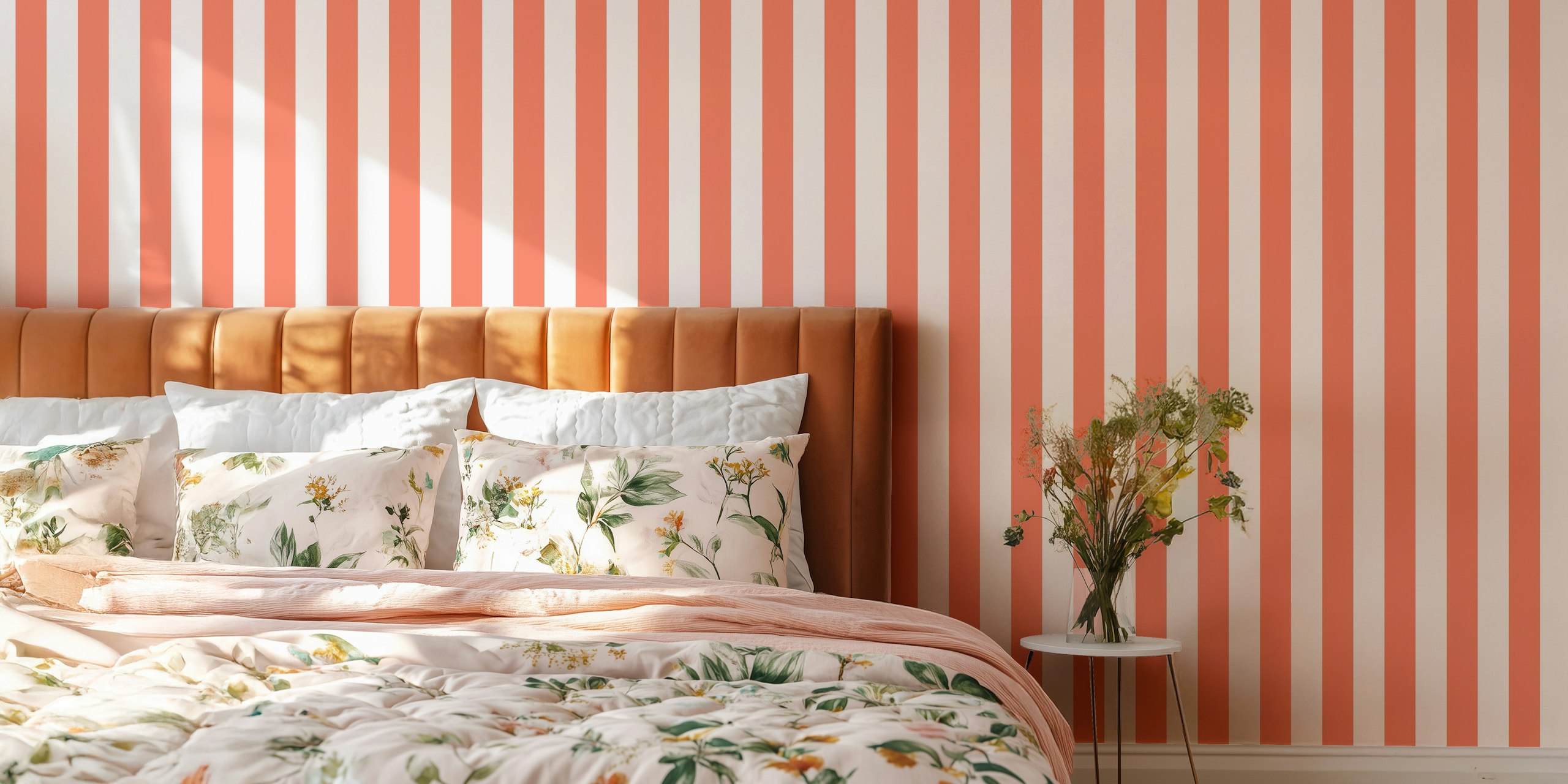 Coral and white vertical striped wall mural
