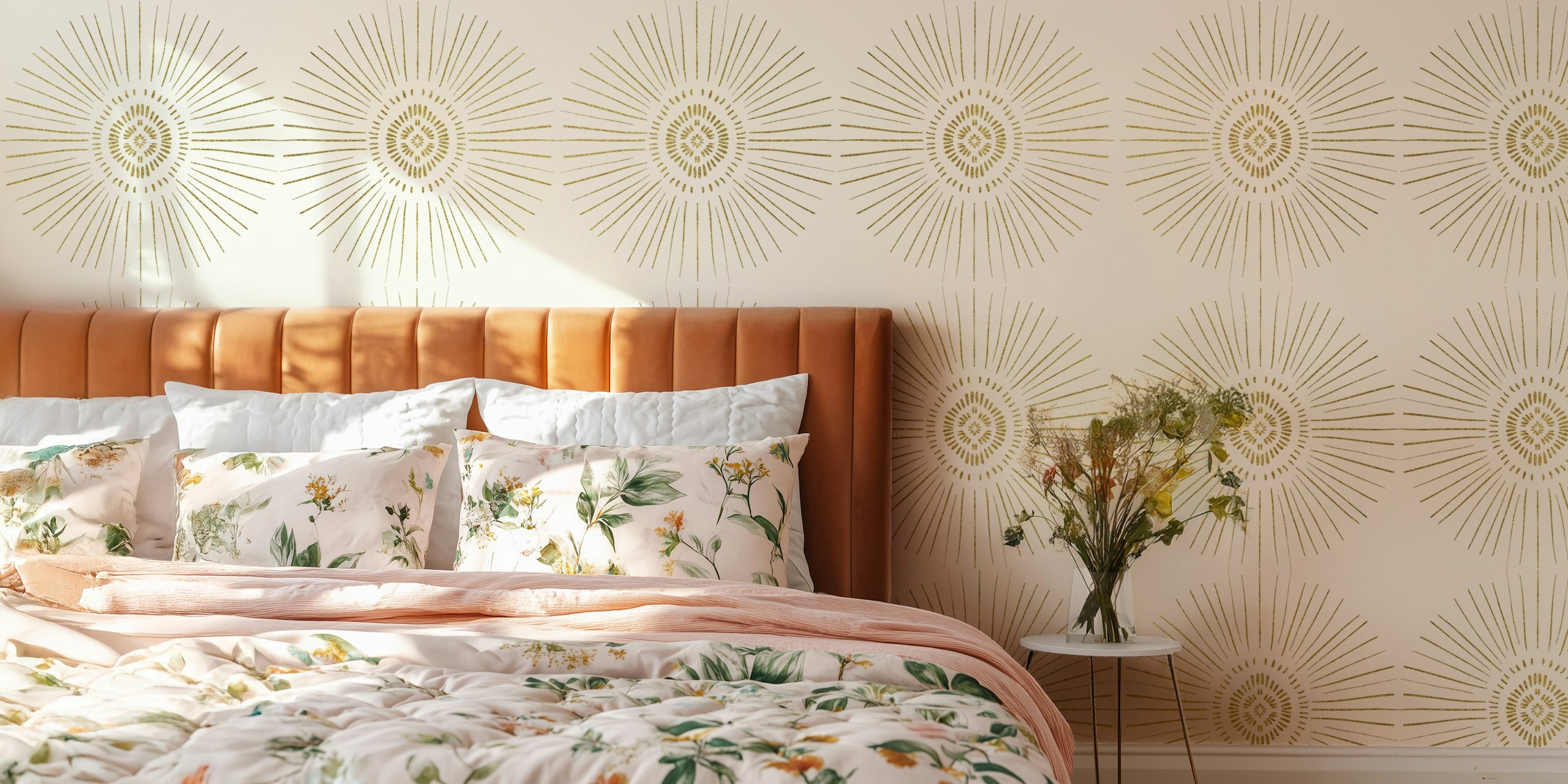 Gold tribal sun pattern with rays on cream background wallpaper