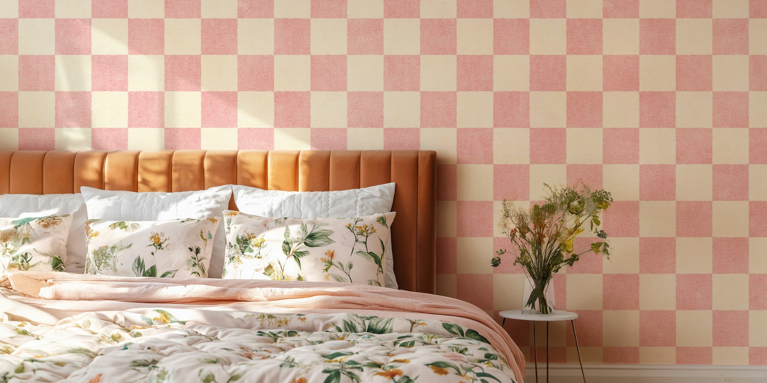 Pink and cream checkerboard pattern wallpaper