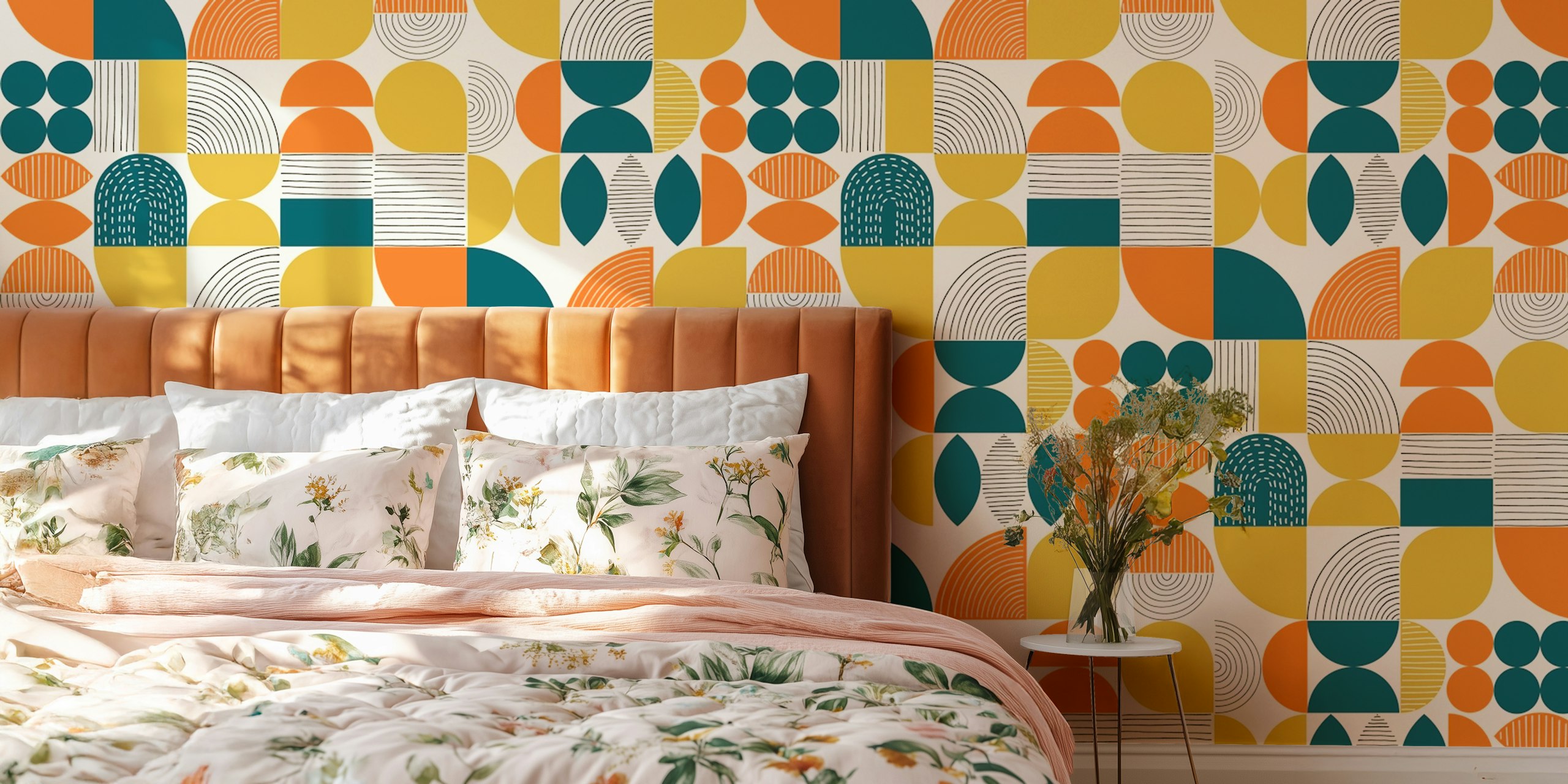 Colorful geometric shapes in teal and saffron wallpaper