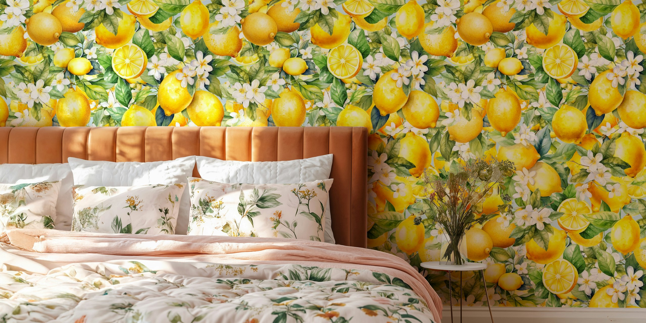 Lemon and white flower pattern on light background wallpaper