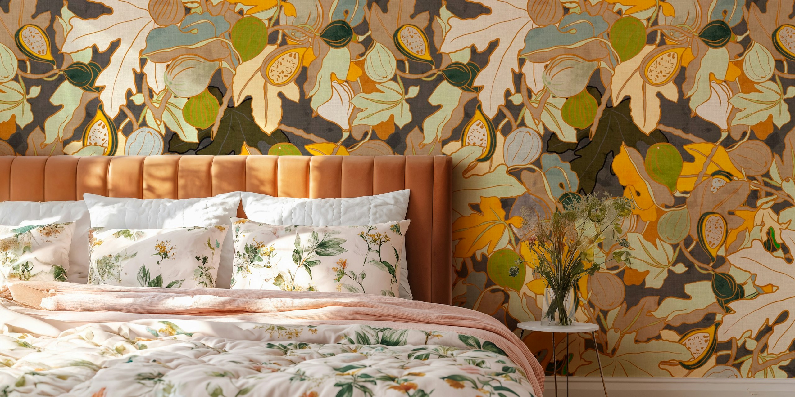 Fig tree leaves in green and yellow tones botanical wallpaper