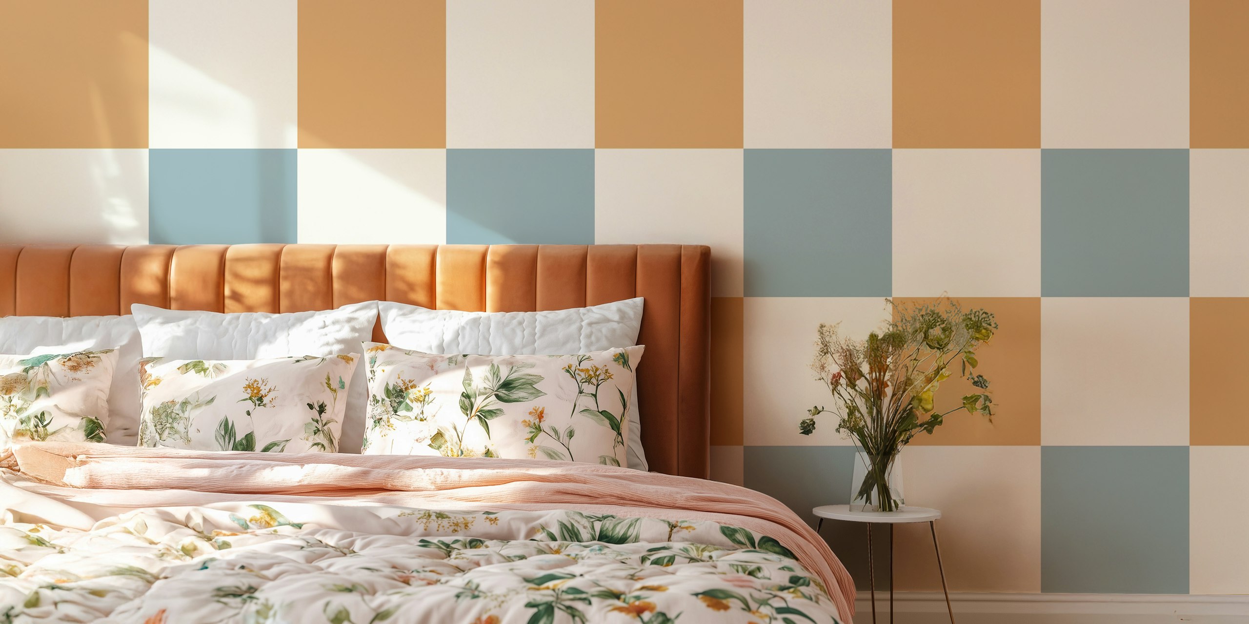 Boho Checkers Toasted Powder Blue vægmaleri med moderne skakternet mønster i beige og pudderblå toner