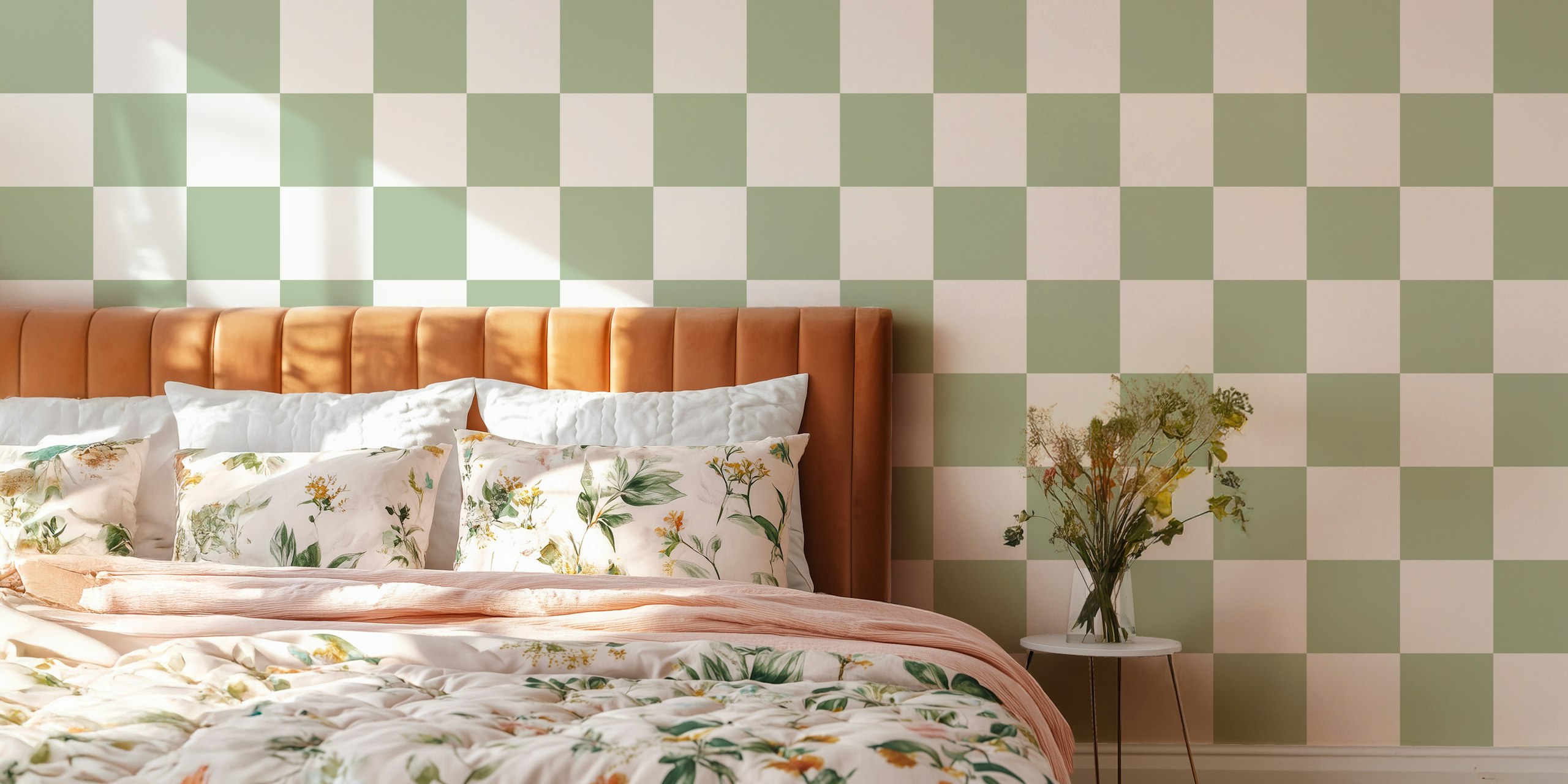 Sage green and white checkerboard pattern wallpaper