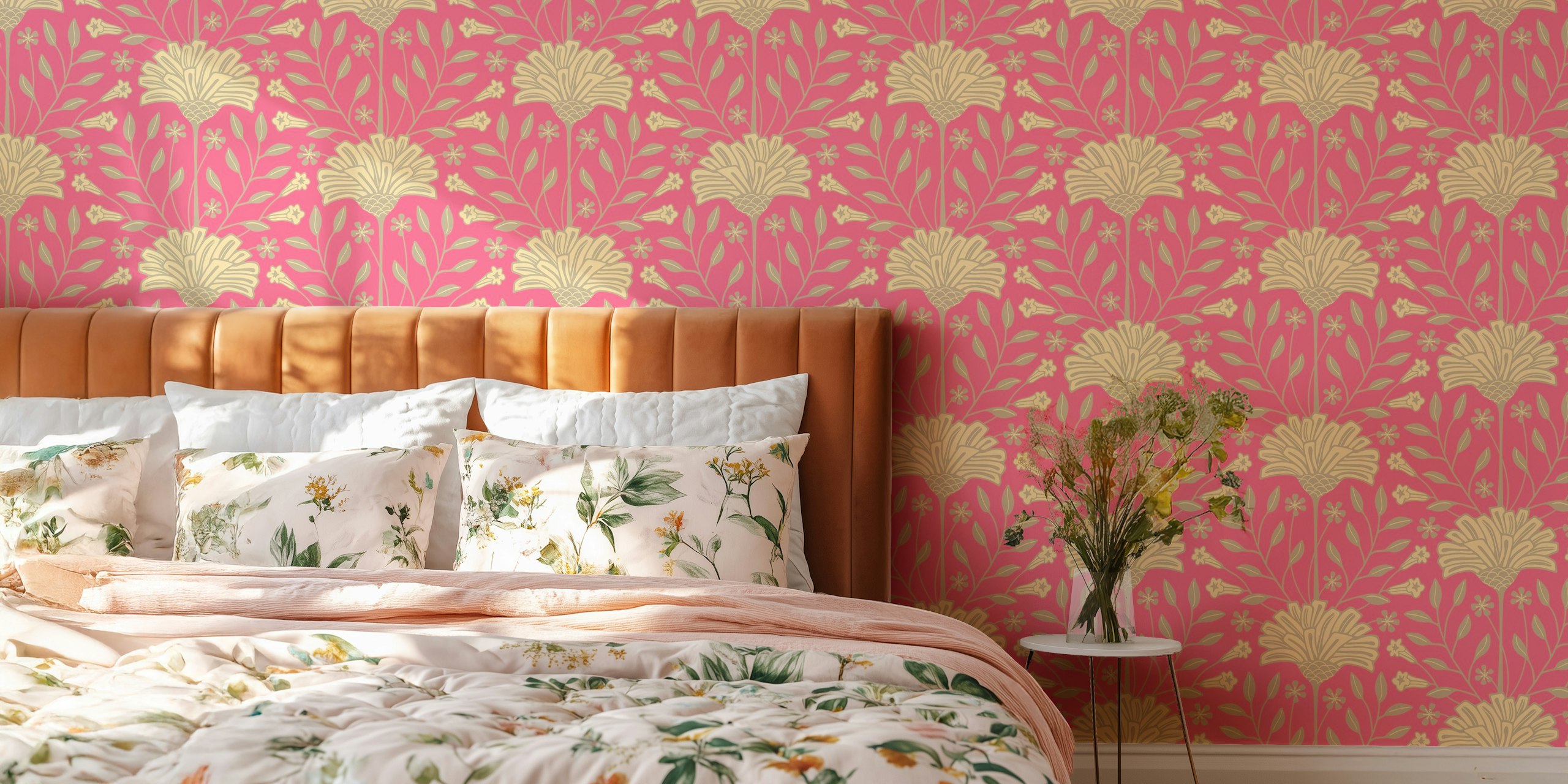 Pink floral tapet i ett rum