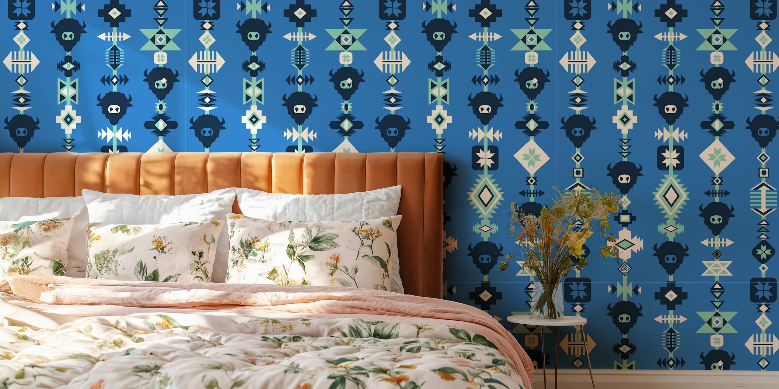 Buffalo and Aztec lines pattern in blue wallpaper