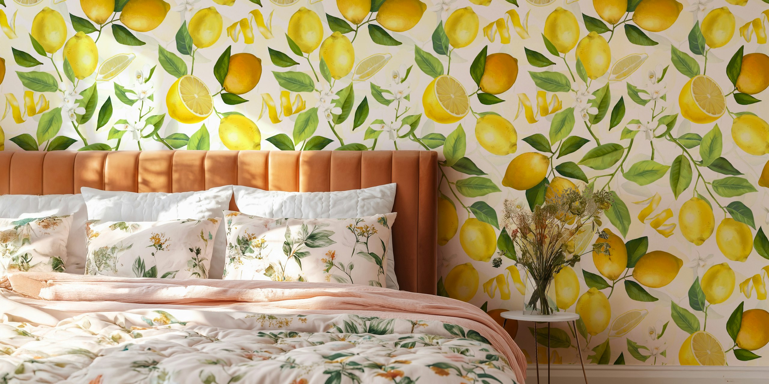 Vintage Summer Lemon Garden wallpaper displayed in a room