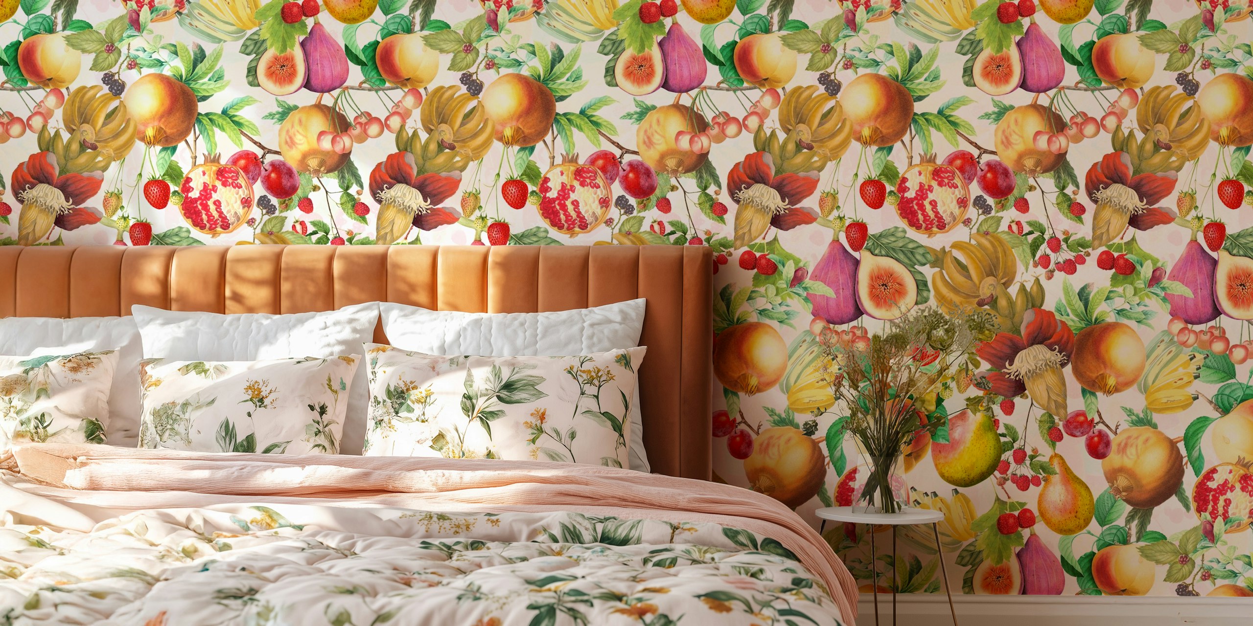 Colorful vintage fruits including apples, figs, and pomegranates wallpaper