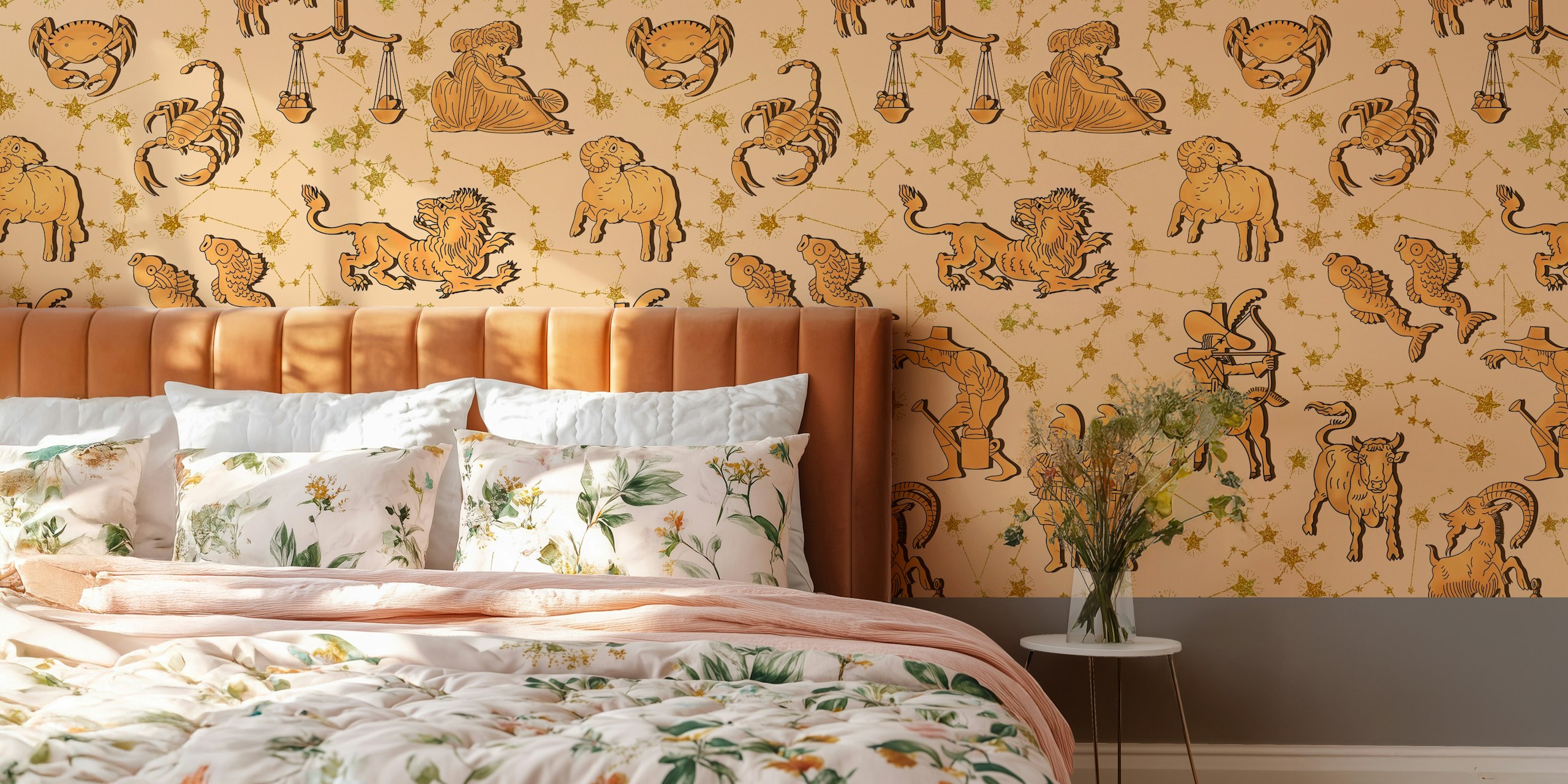 Zodiac signs and constellations illustration in gold and beige wallpaper