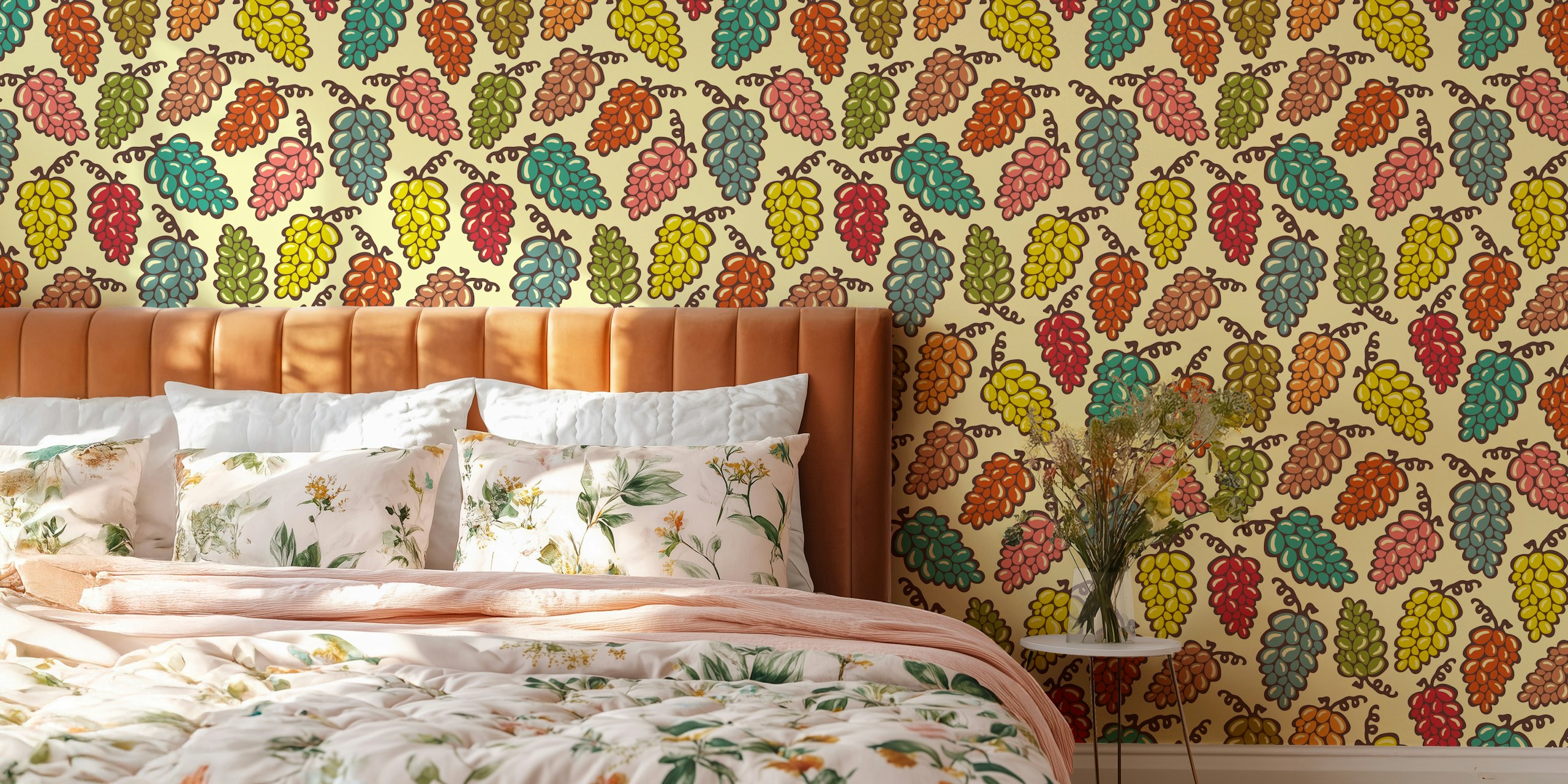 Colorful vintage-style wall mural featuring an assortment of juicy grapes
