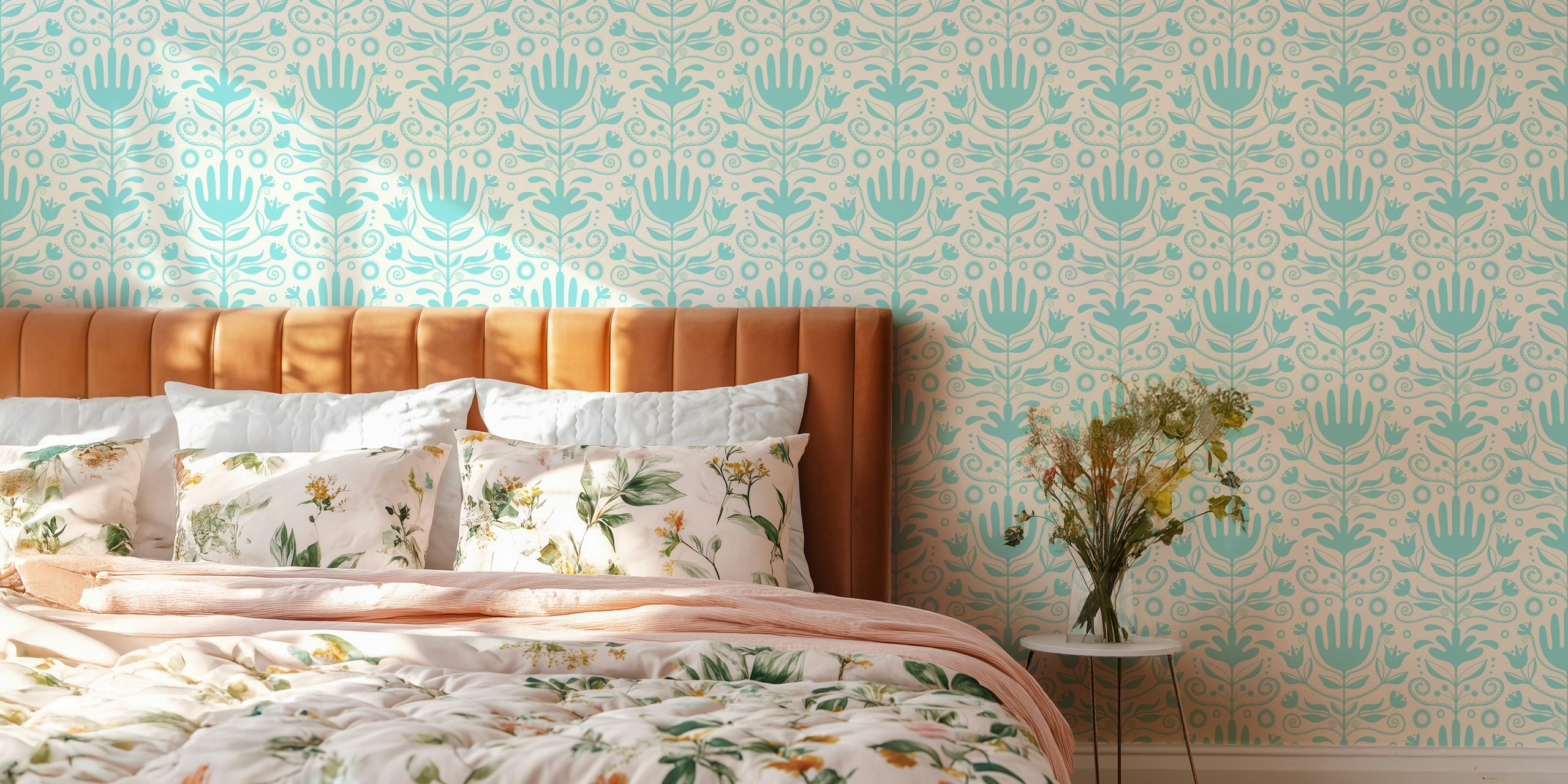 Nordic florals blue ταπετσαρία σε ένα δωμάτιο