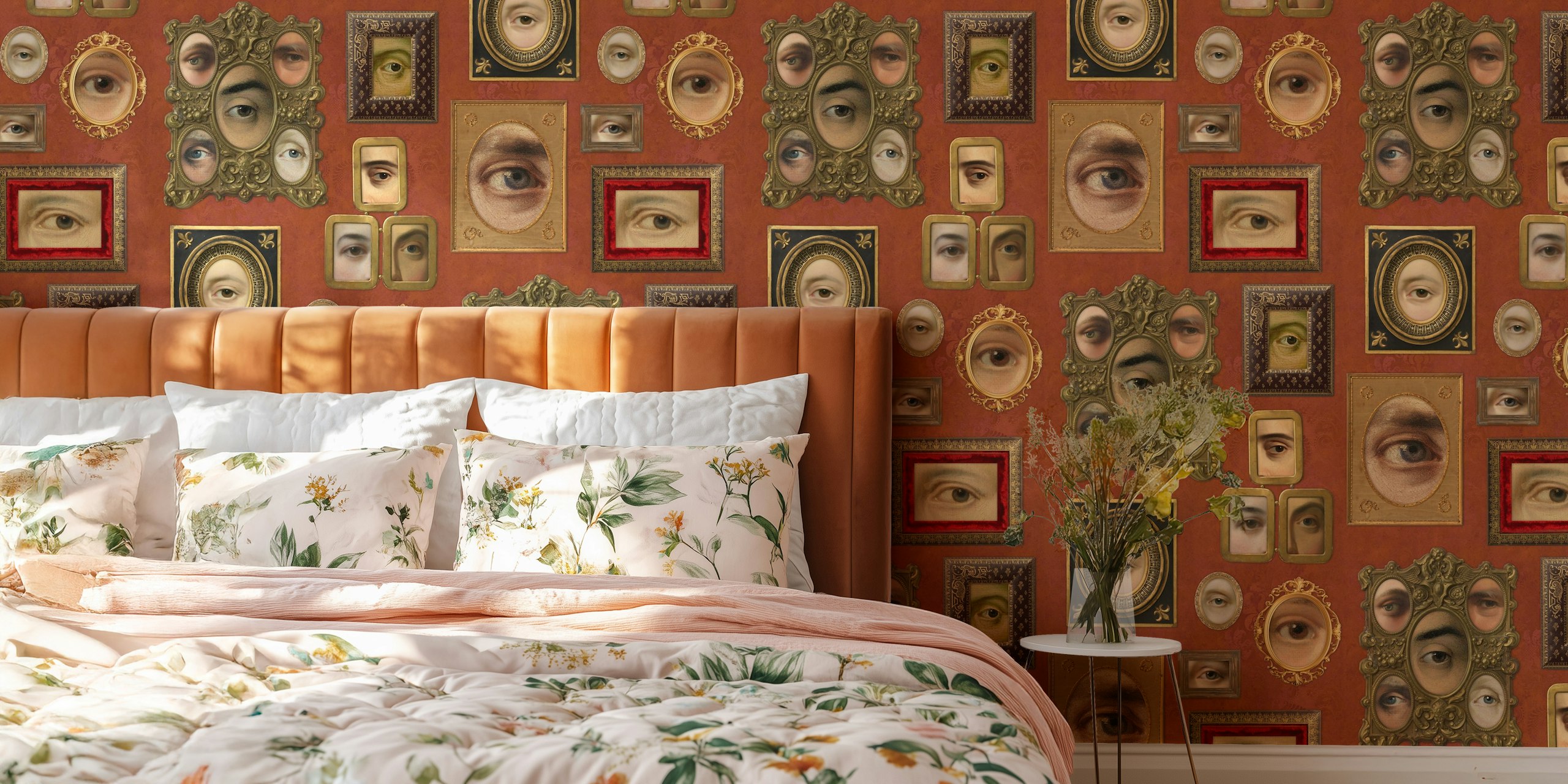 Victorian-style eyes in frames wall mural on a copper background